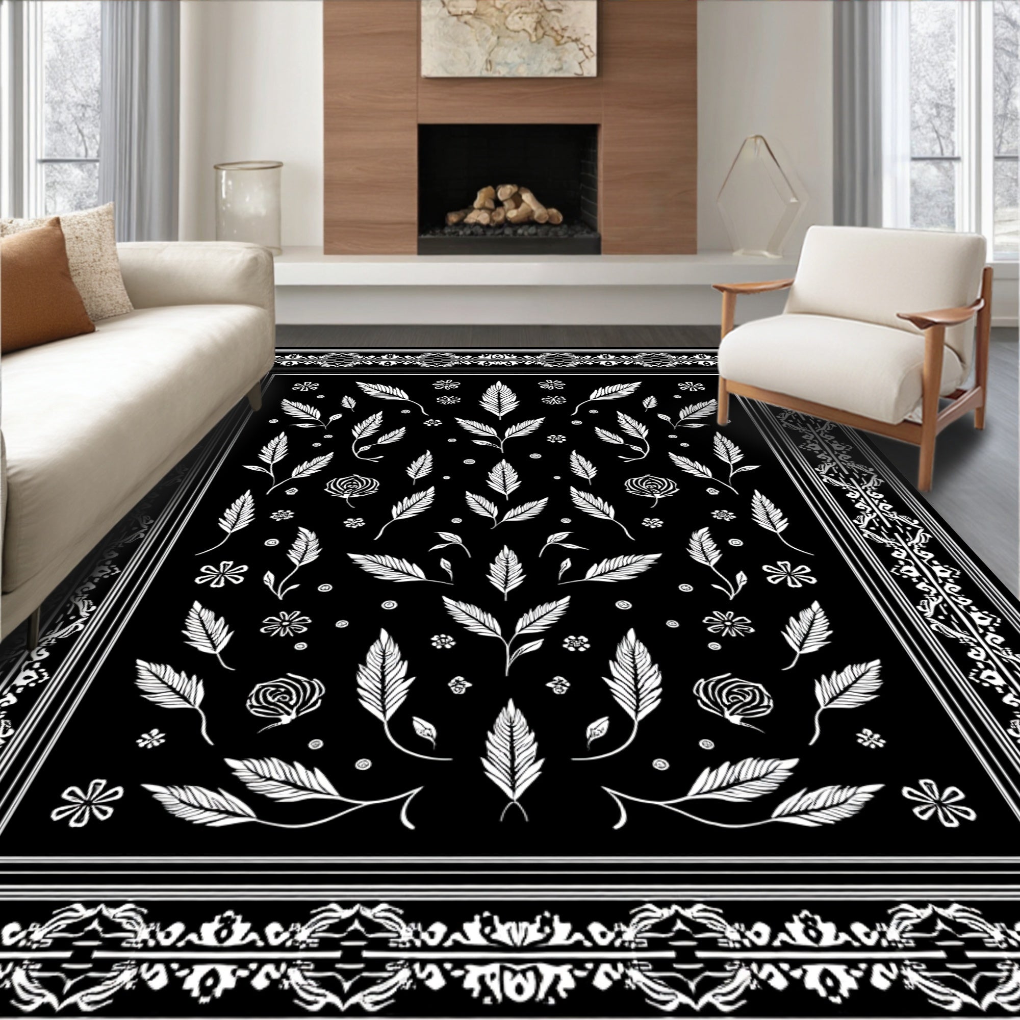 Black White Feathery Floral Pattern Rug