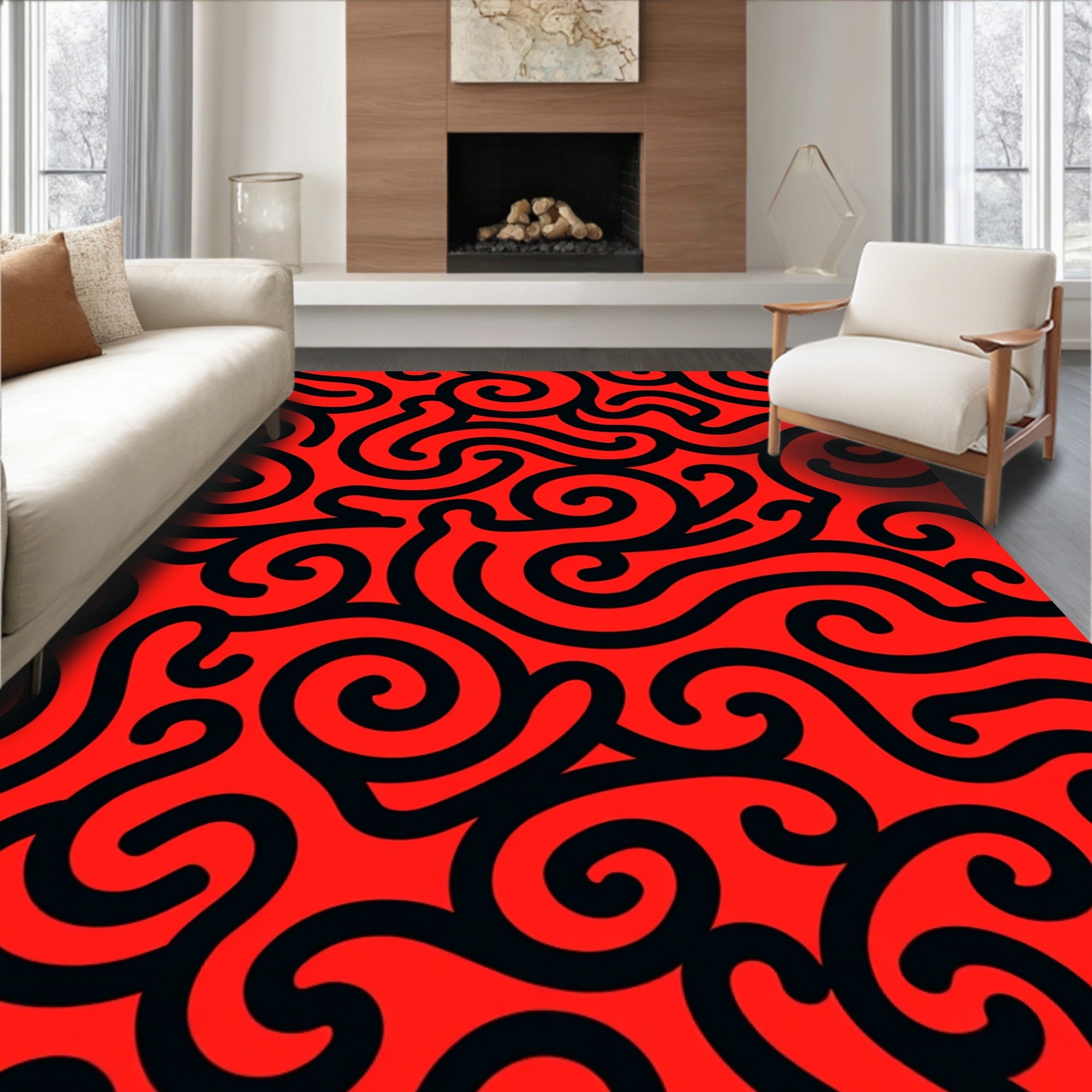Bold Red Curly Pattern Design Rug