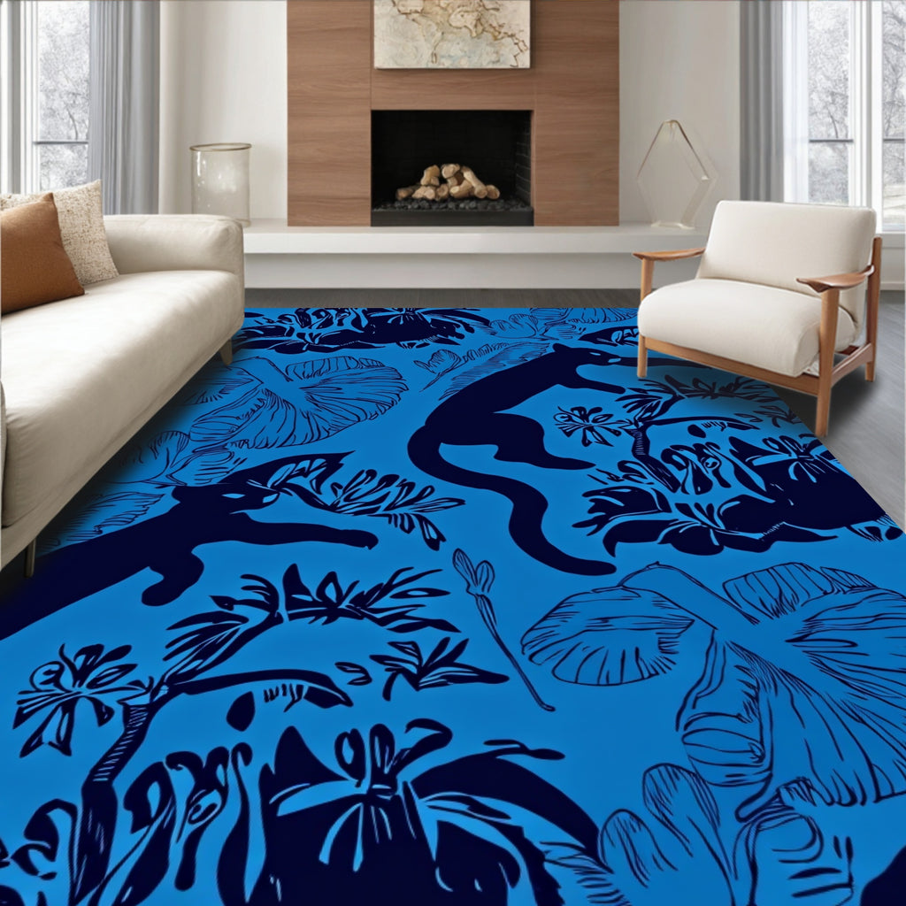 Jungle Panther And Tropical Floral Design Rug