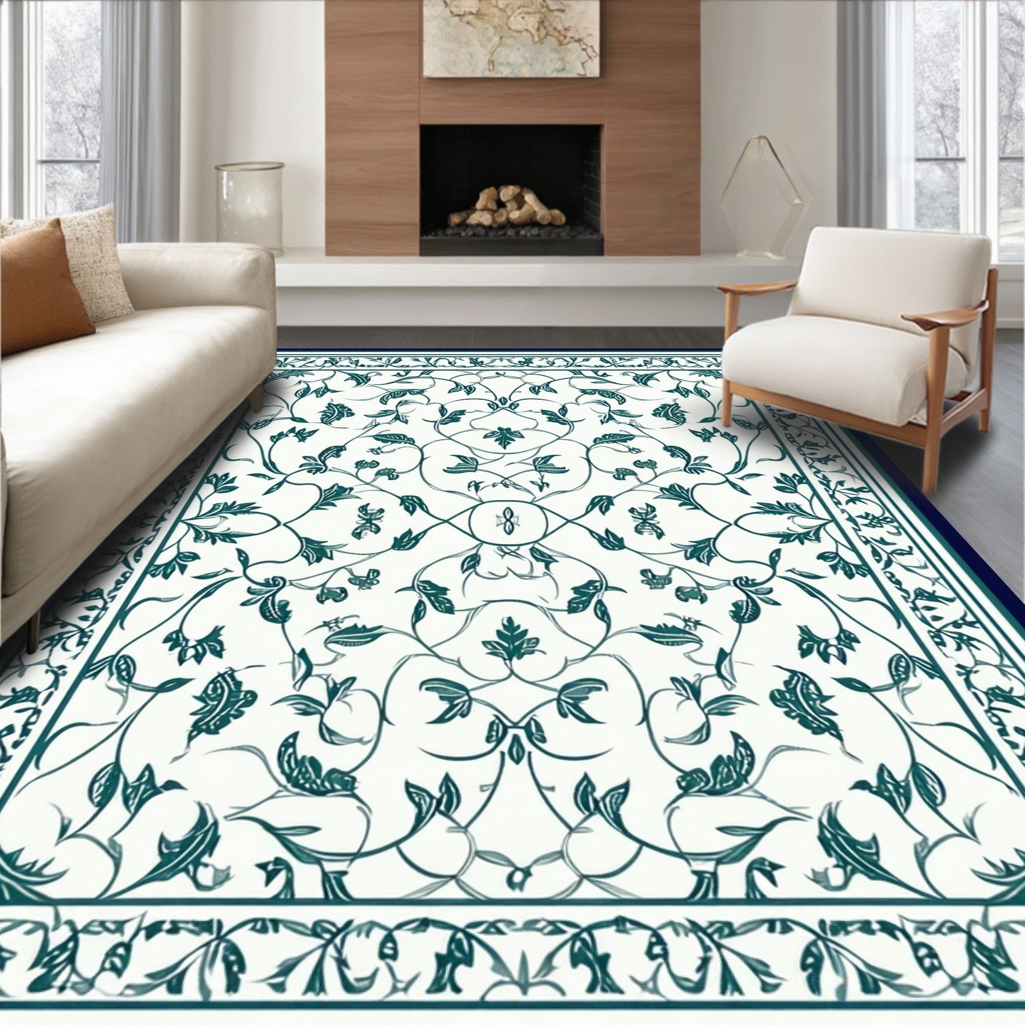 Dark Teal Floral Vine Pattern Rug