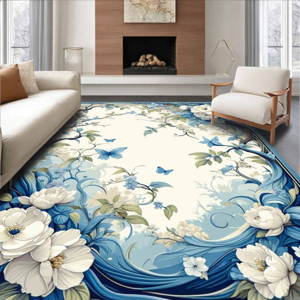 Whimsical Blue Floral Butterfly Embrace Rug