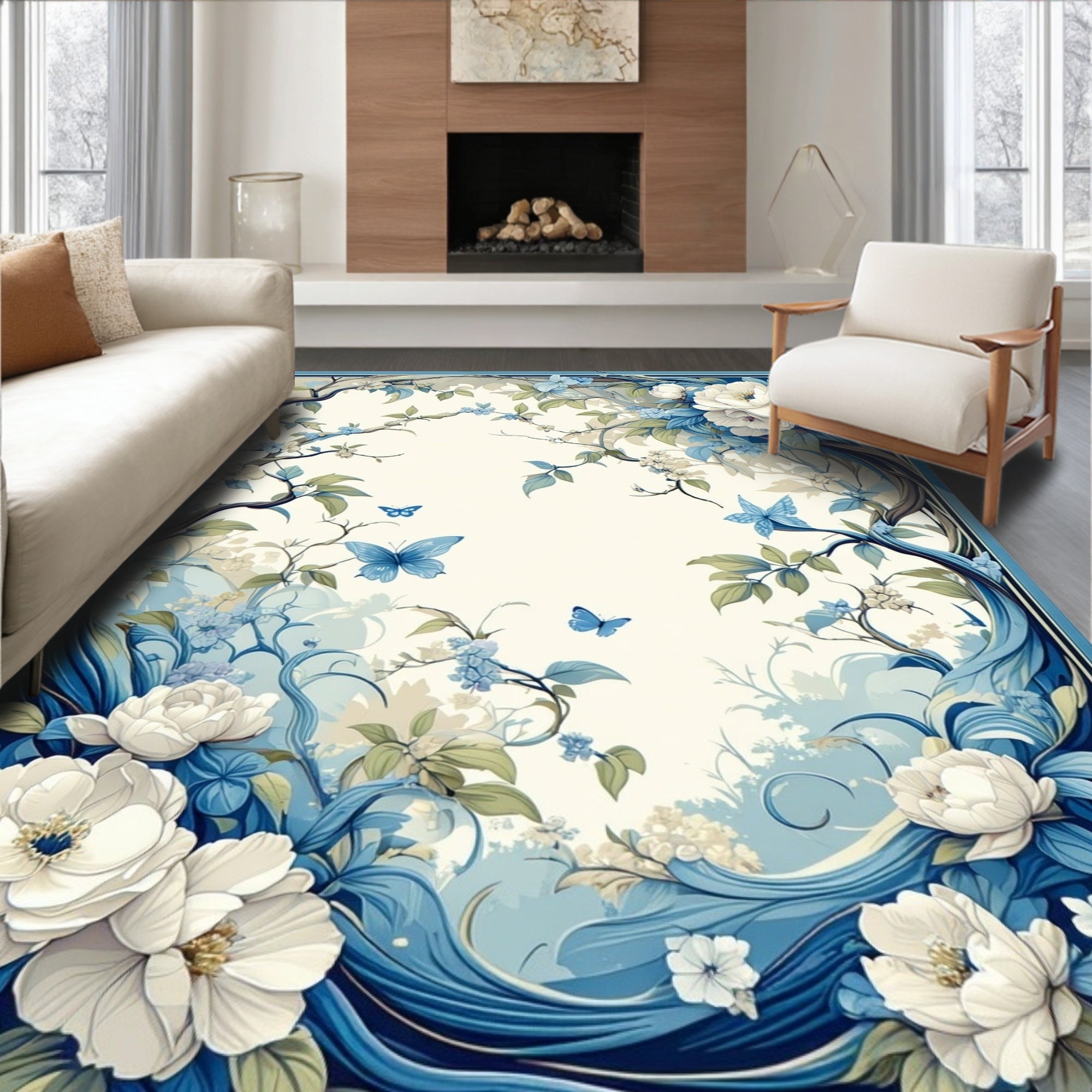 Whimsical Blue Floral Butterfly Embrace Rug