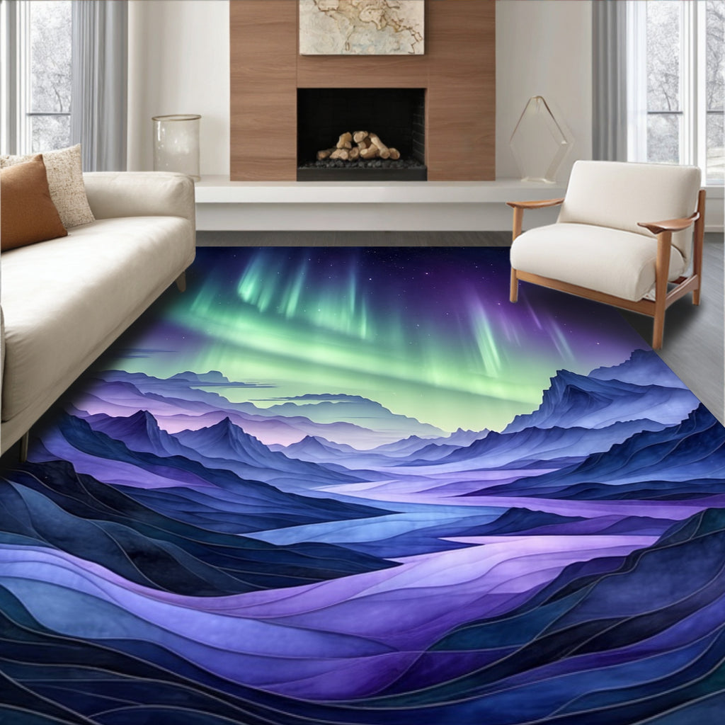 Aurora Borealis Mountain Landscape Rug