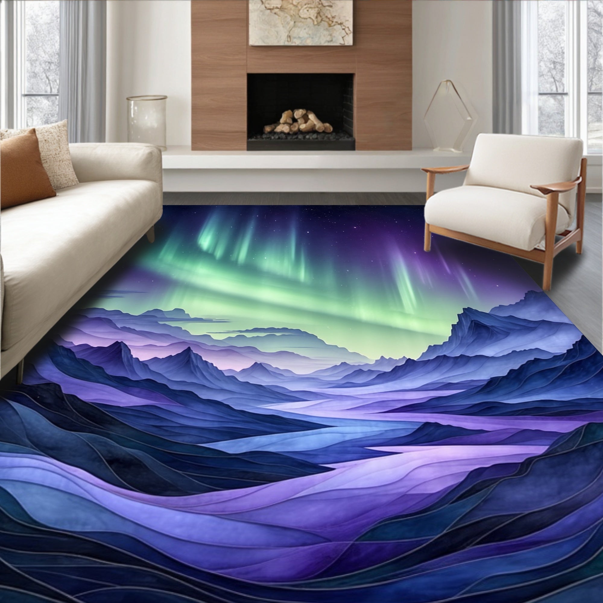 Aurora Borealis Mountain Landscape Rug