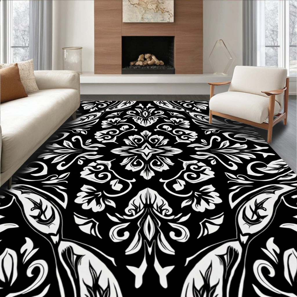 Black White Floral Damask Pattern Rug