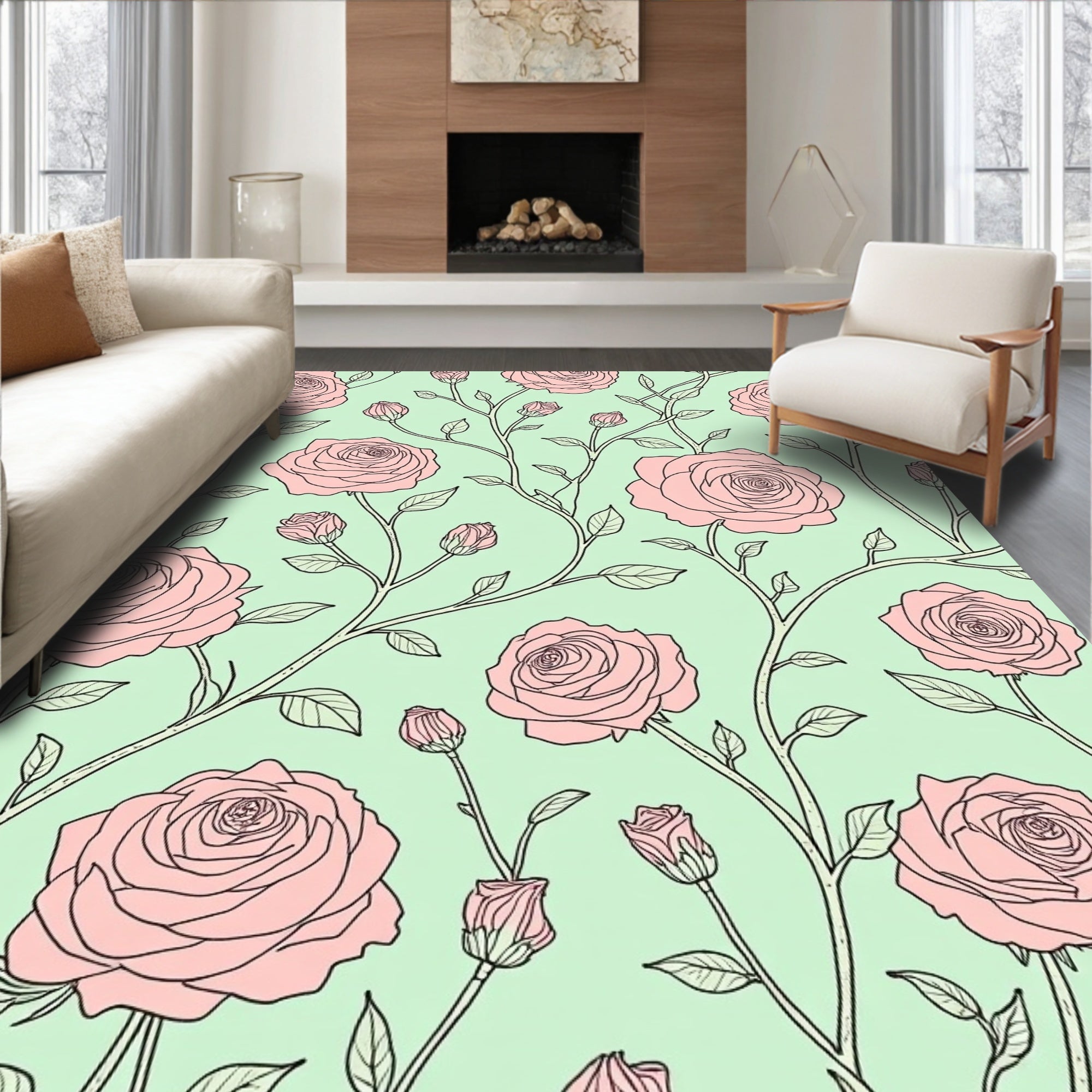 Pink Rose Vine Pattern Rug