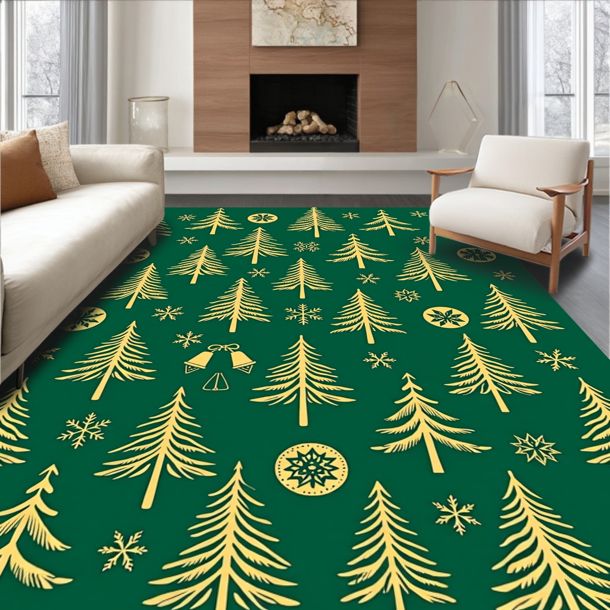 Gold Pine Trees Snowflakes Bells Rug