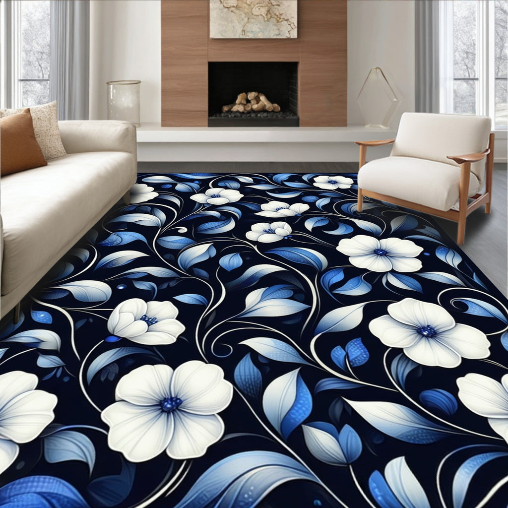Elegant White Blue Floral Vines Rug