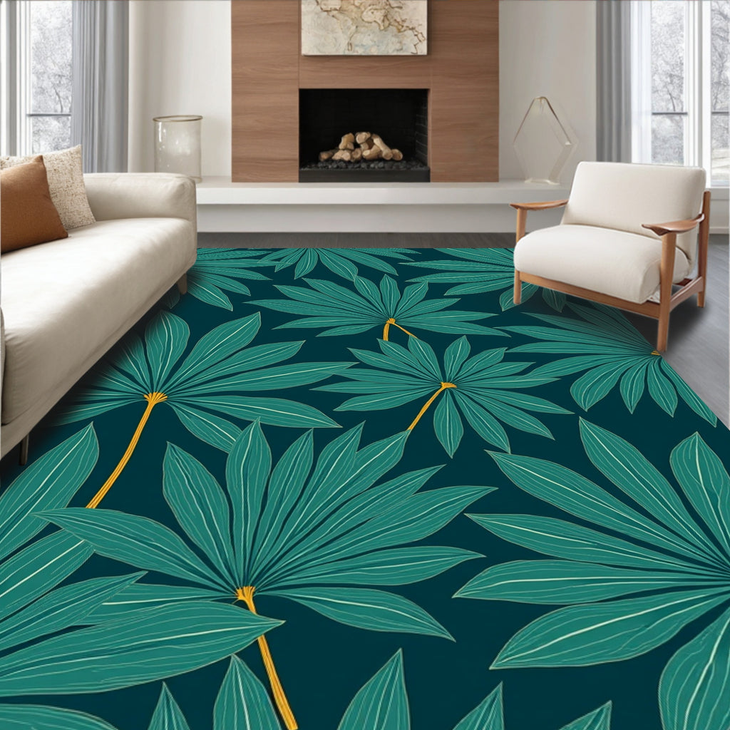 Deep Teal Tropical Leaf Pattern Rug