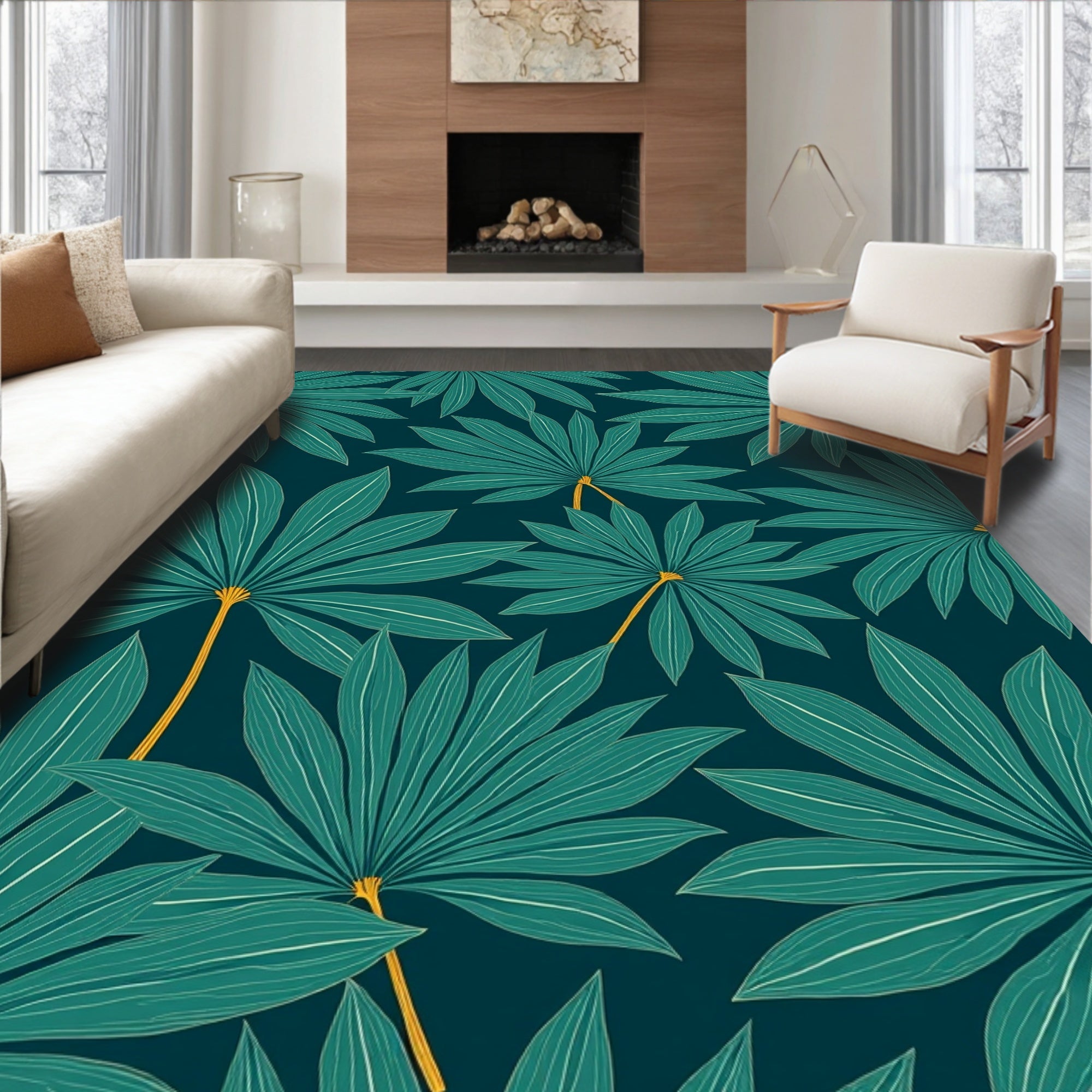 Deep Teal Tropical Leaf Pattern Rug