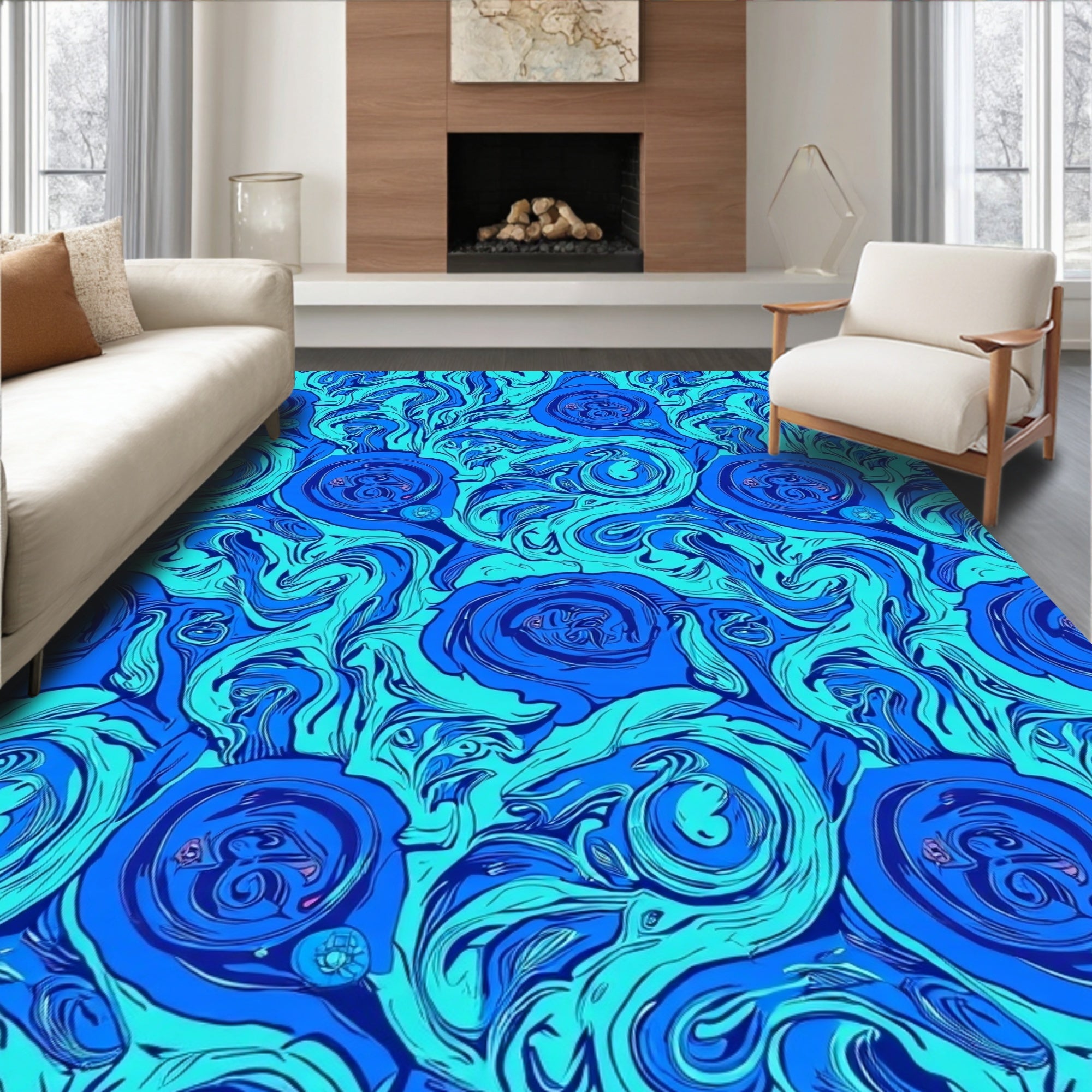 Blue Swirl Floral Abstract Design Rug