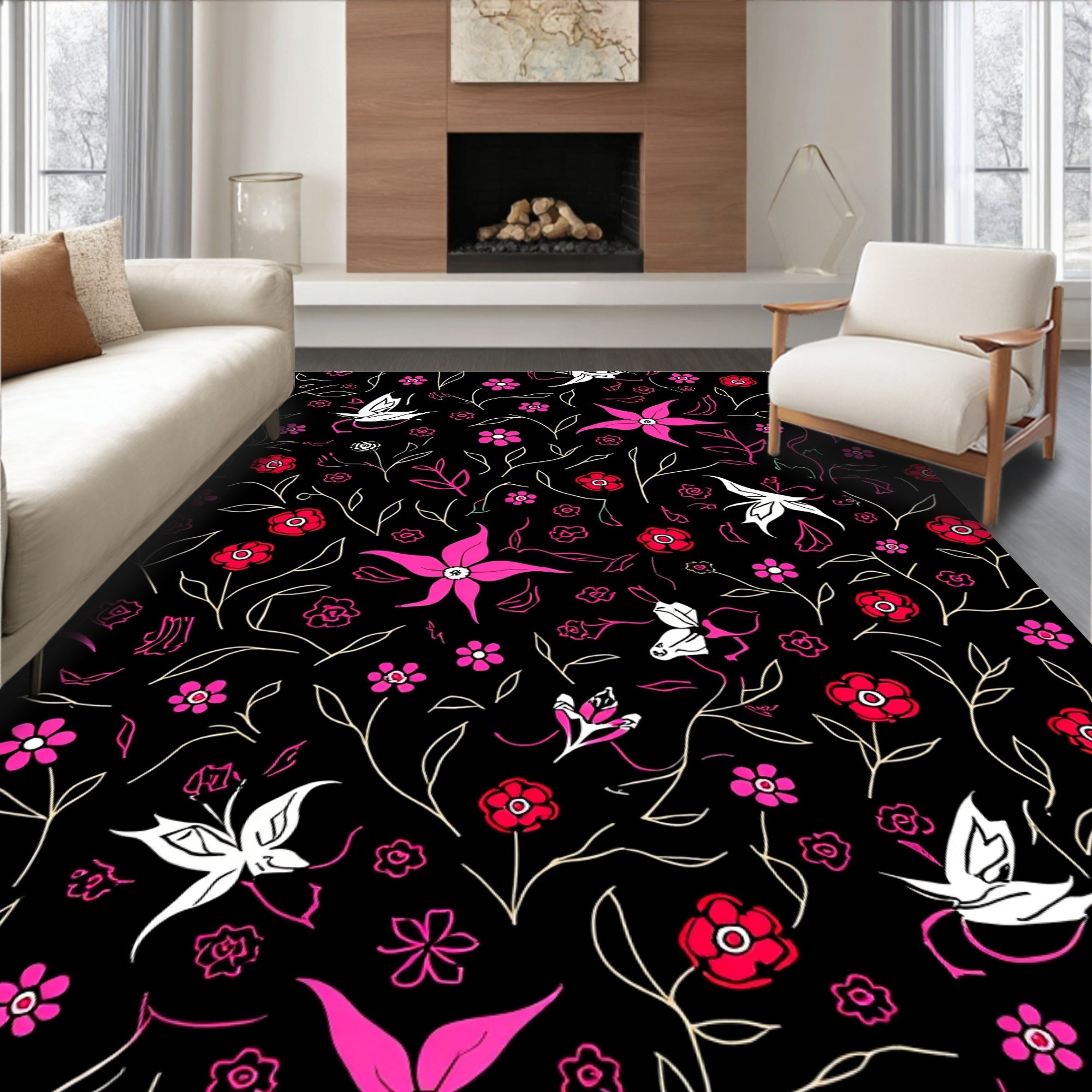 Whimsical Floral Butterfly Pattern Rug