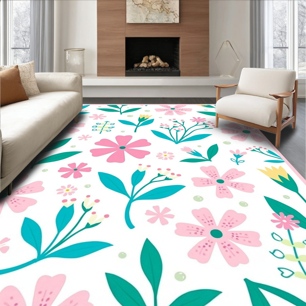 Delicate Pink Yellow Floral Pattern Rug