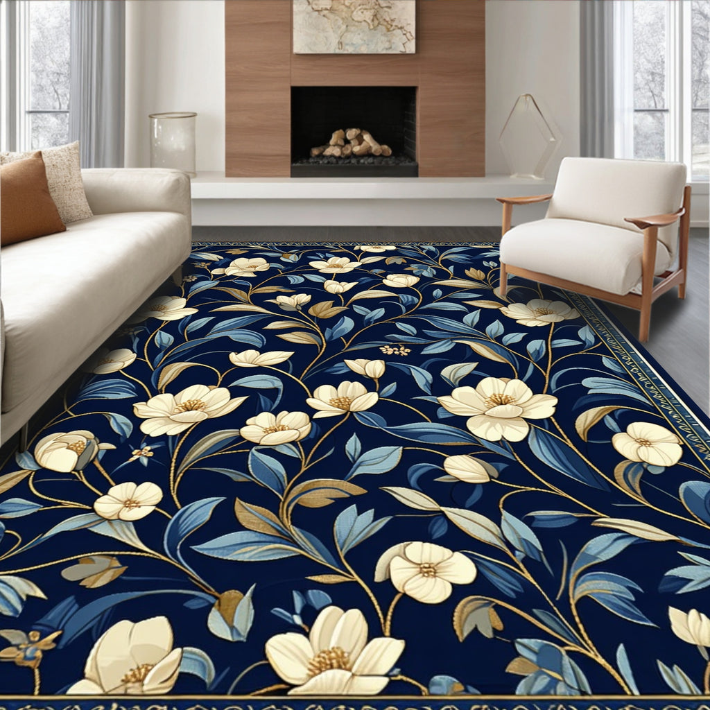 Dark Blue Floral Vine Pattern Rug