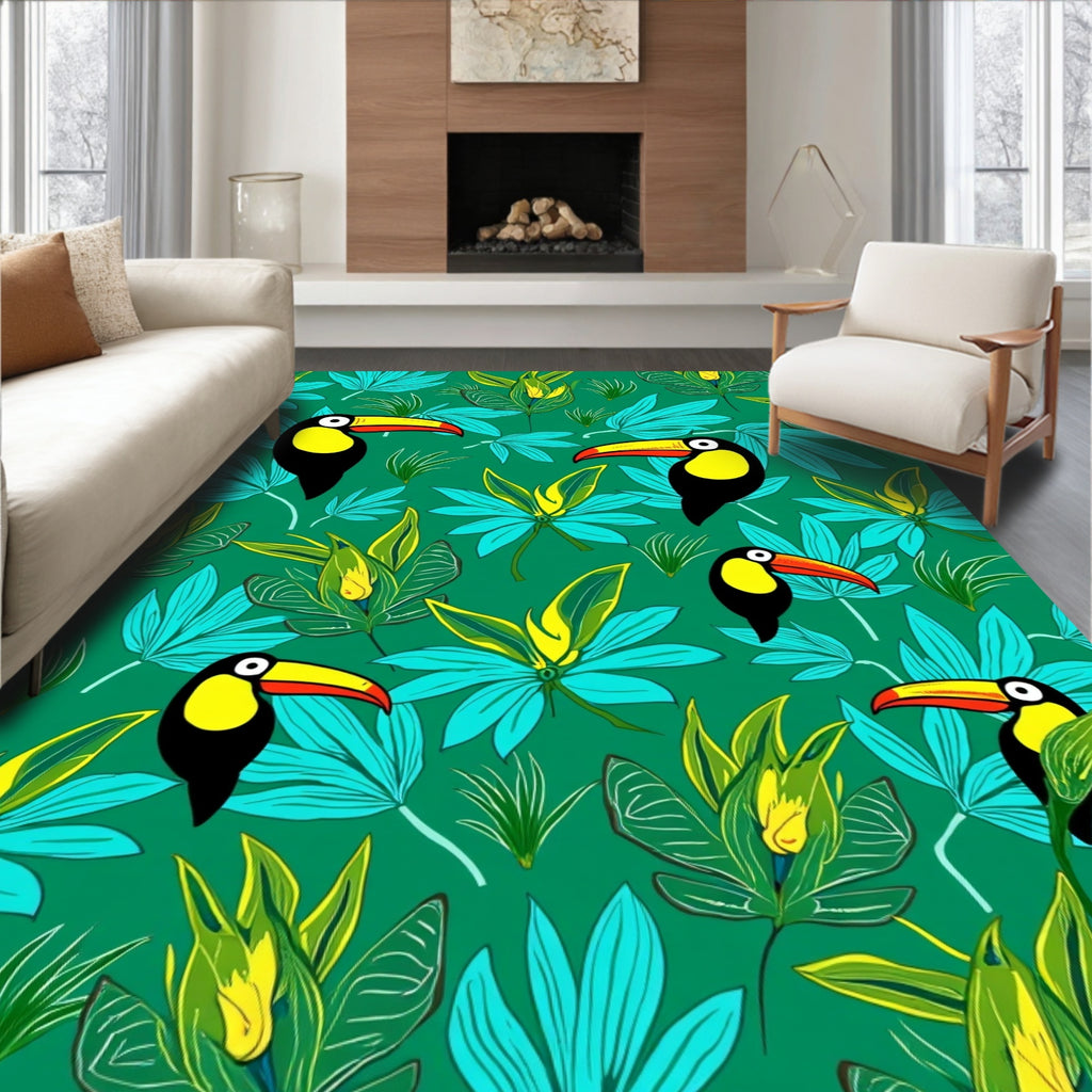 Tropical Toucan Jungle Leaf Pattern Rug