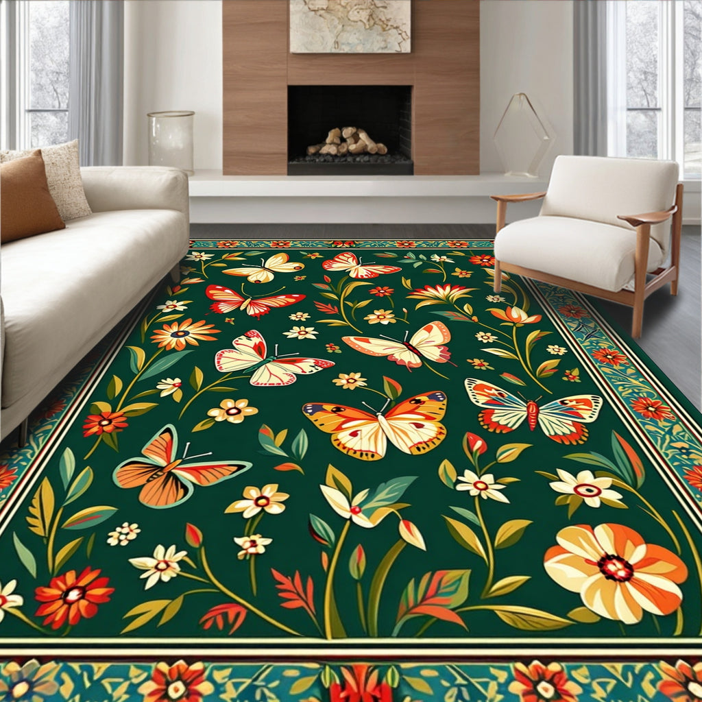 Whimsical Butterflies Floral Garden Design Rug