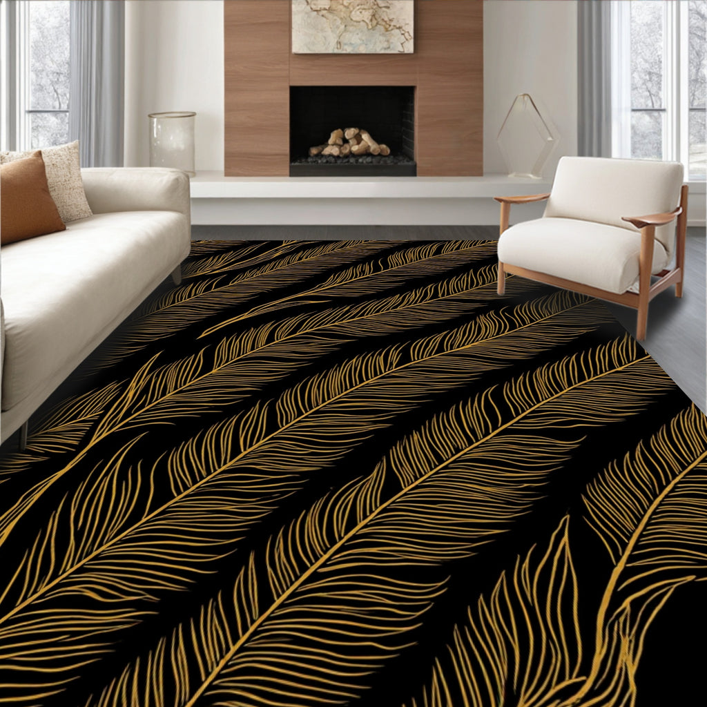 Elegant Gold Feather Design Rug