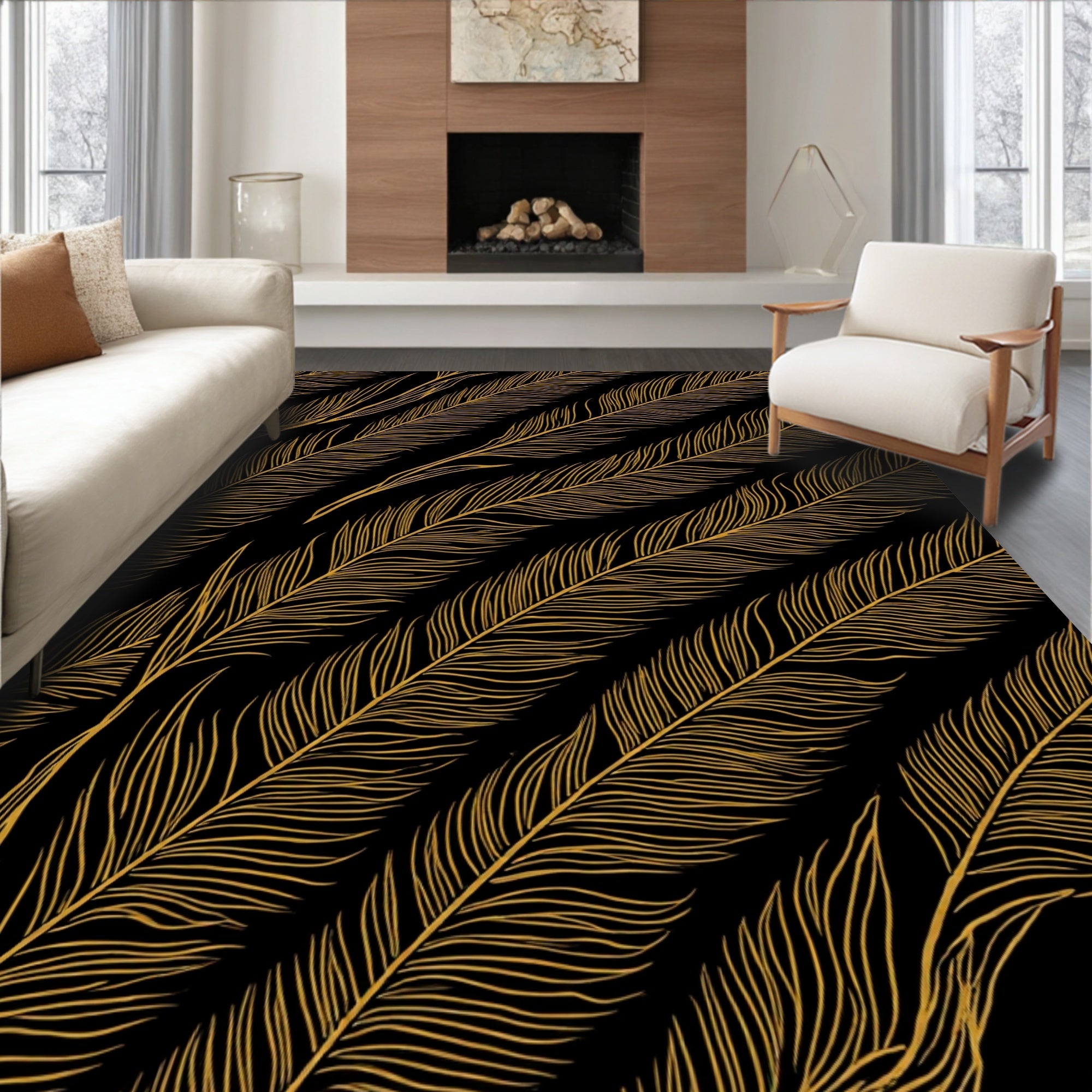 Elegant Gold Feather Design Rug