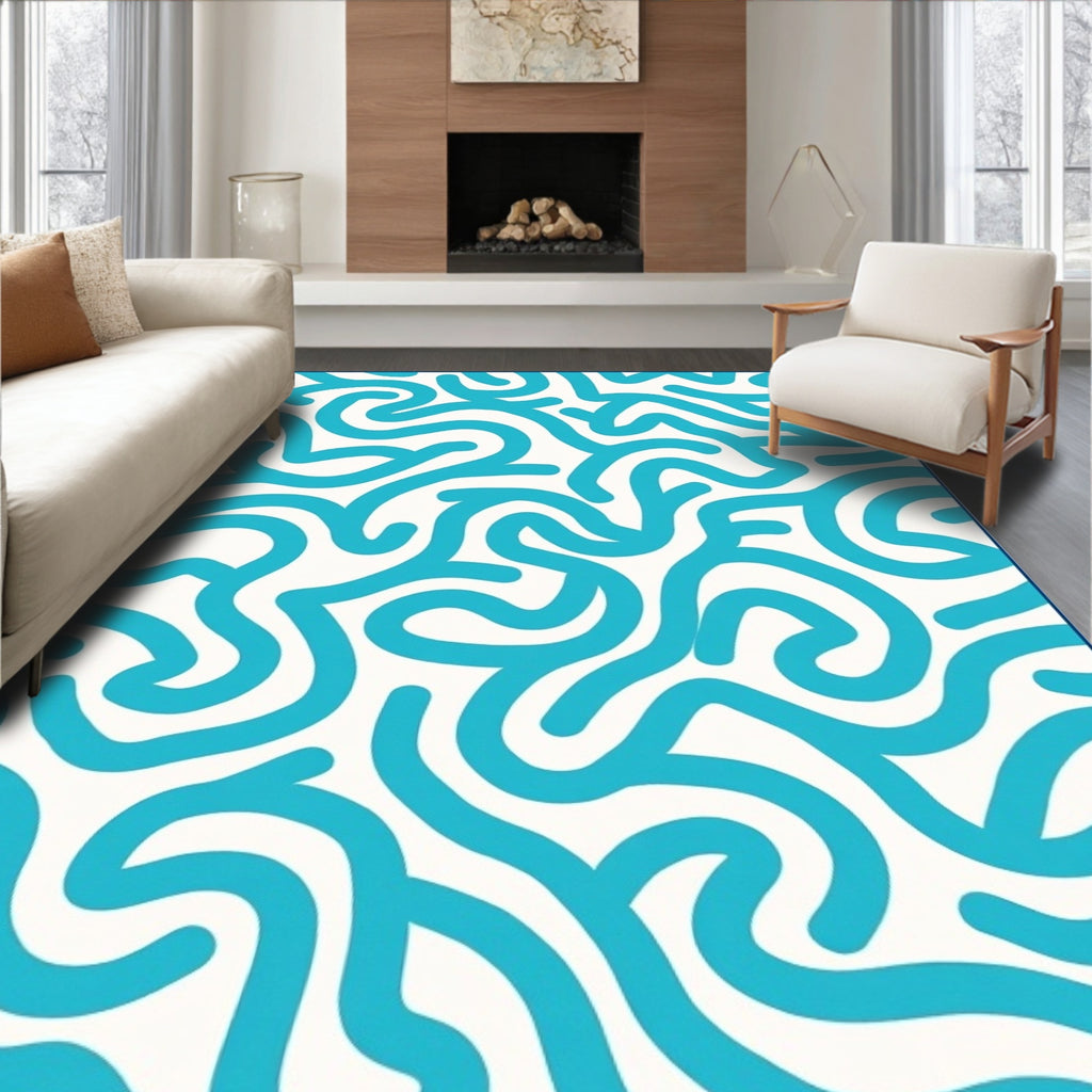 Abstract Blue Wavy Line Design Rug
