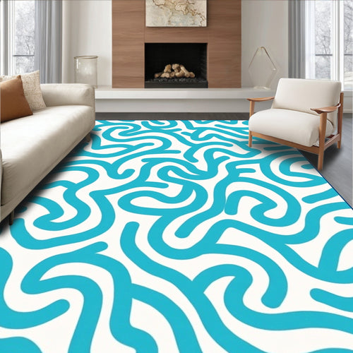 Abstract Blue Wavy Line Design Rug