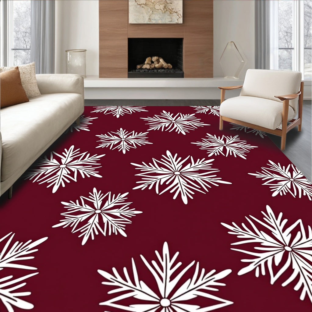 Deep Red White Snowflake Scatter Rug