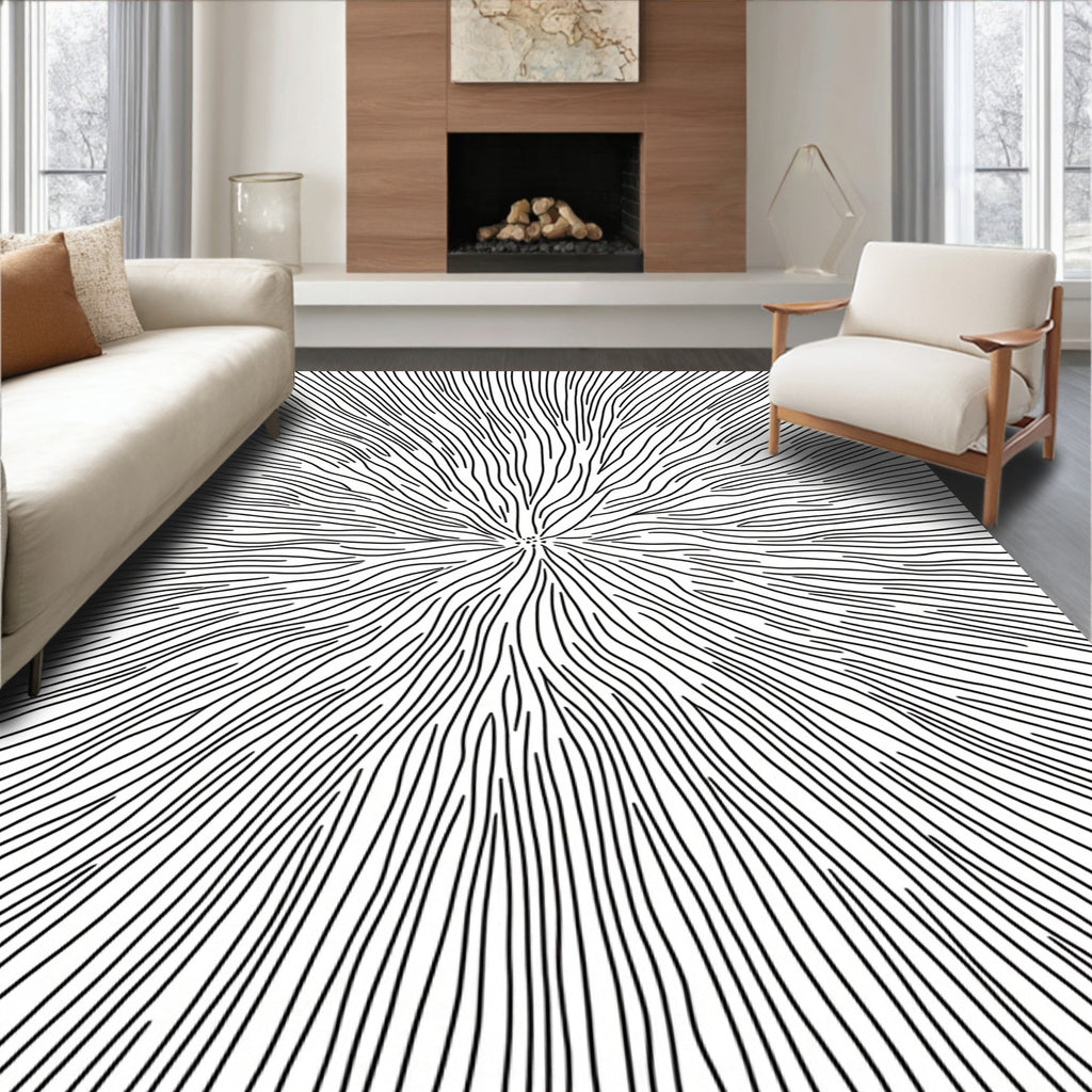 Radial Black And White Organic Lines Rug