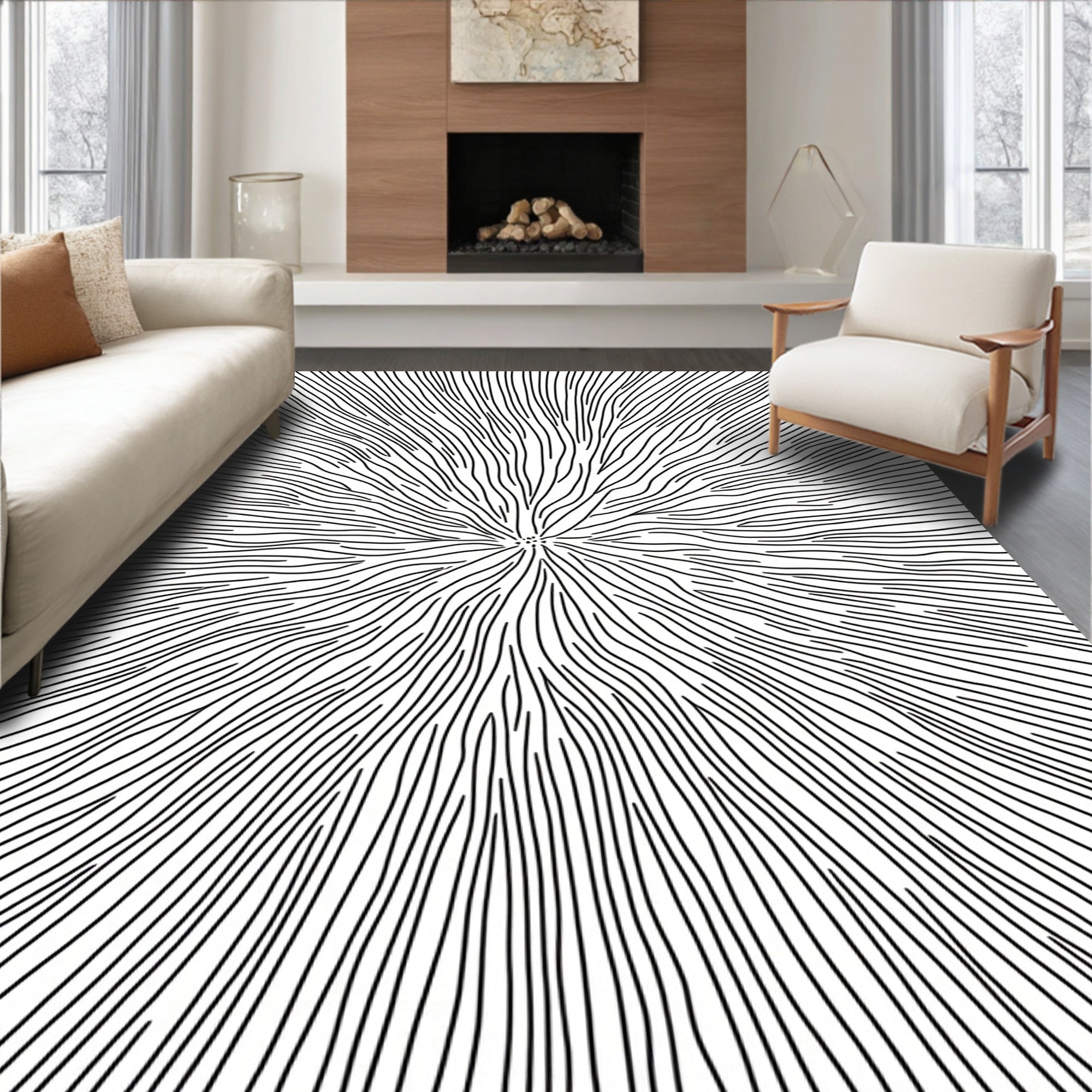 Radial Black And White Organic Lines Rug