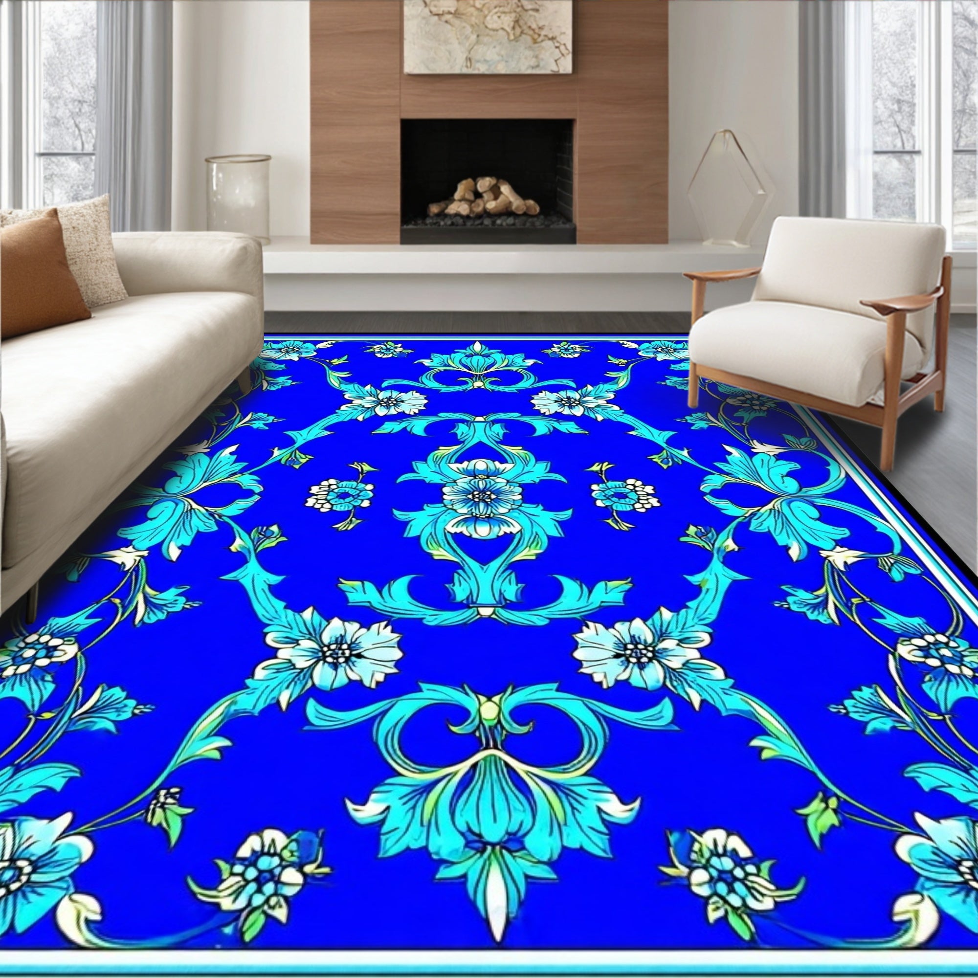 Elegant Blue Floral Scroll Rug
