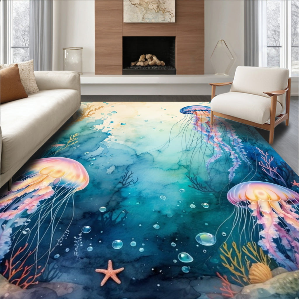 Aquatic Jellyfish Watercolor Vivid Scene Rug