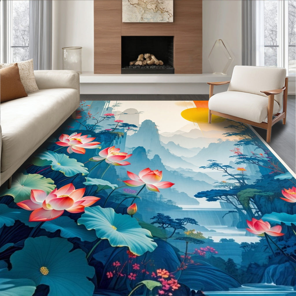 Serene Lotus Pond Landscape Art Rug