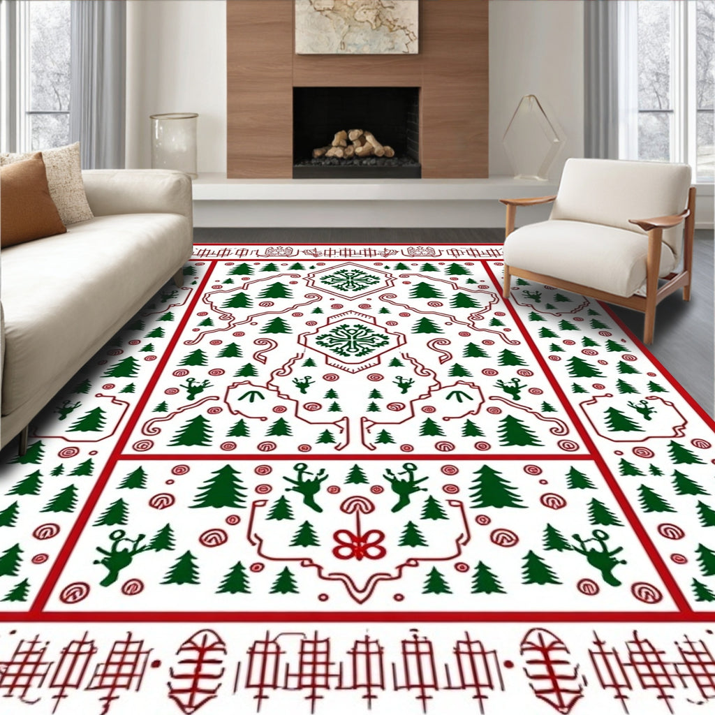 Red Green Christmas Forest Scene Rug