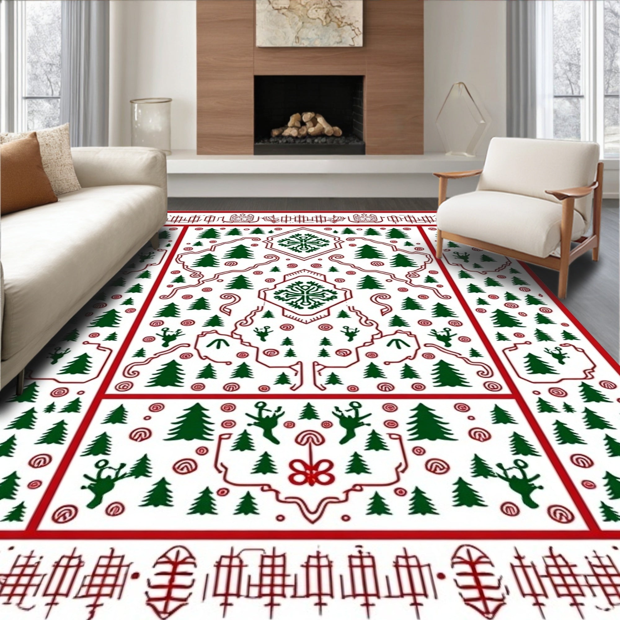 Red Green Christmas Forest Scene Rug