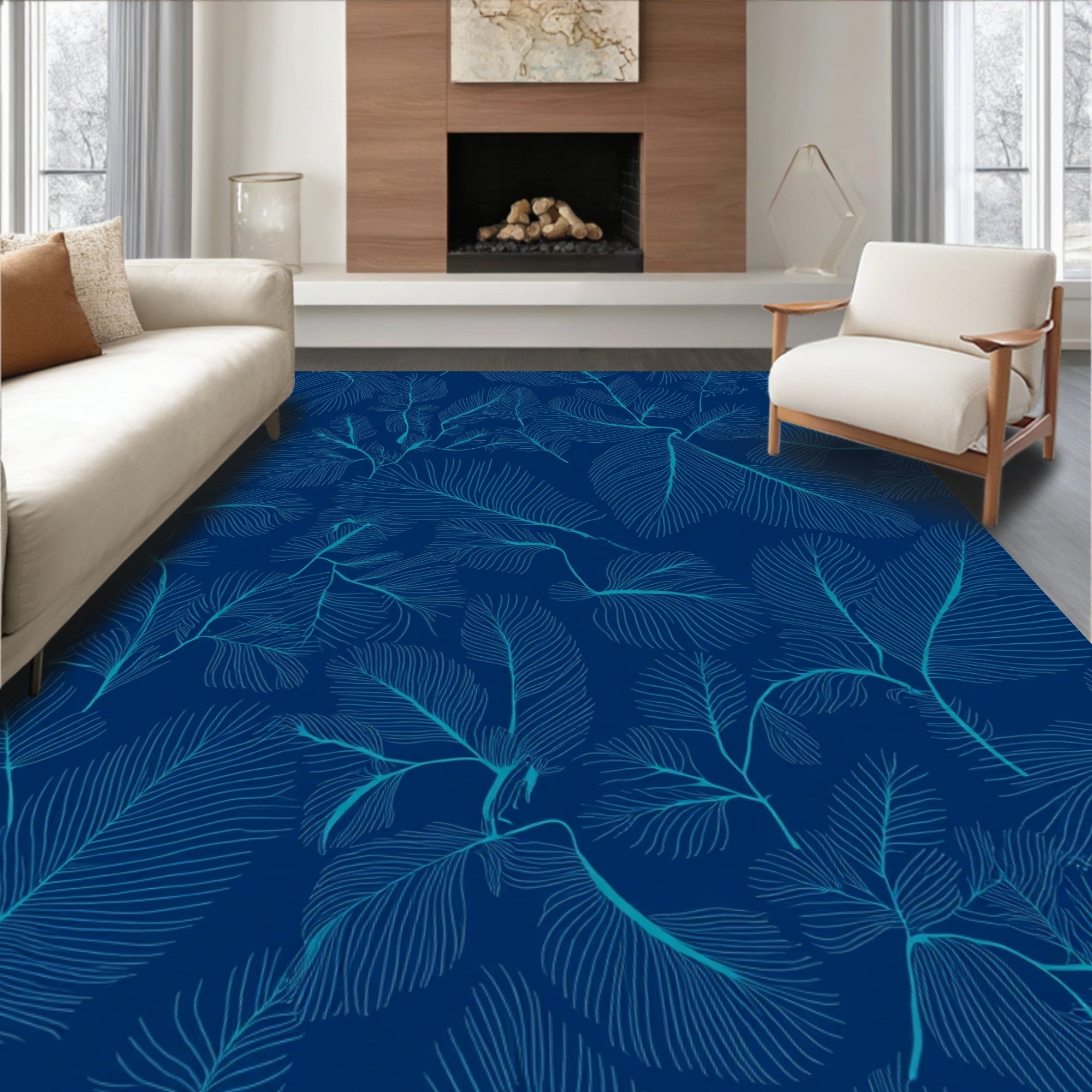 Deep Blue Feather Branch Pattern Rug