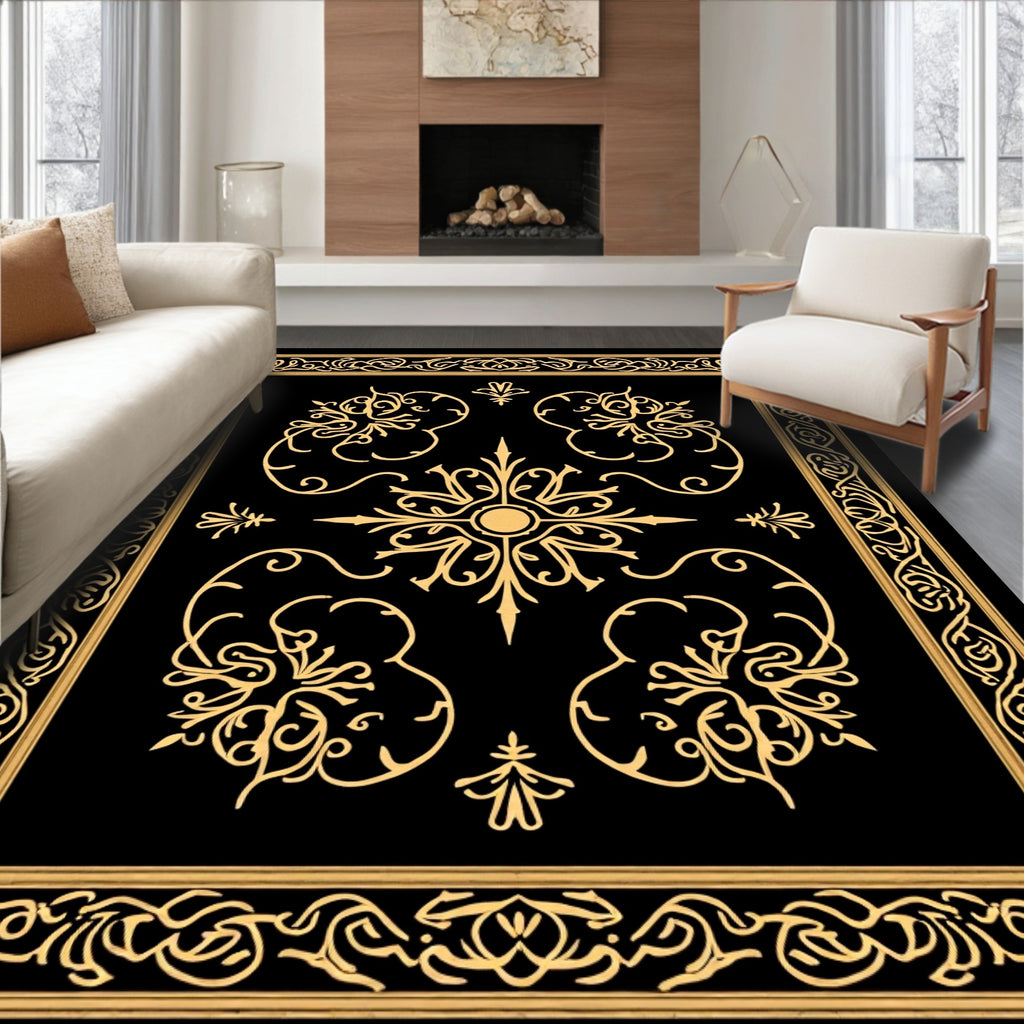 Elegant Gold Black Intricate Floral Rug