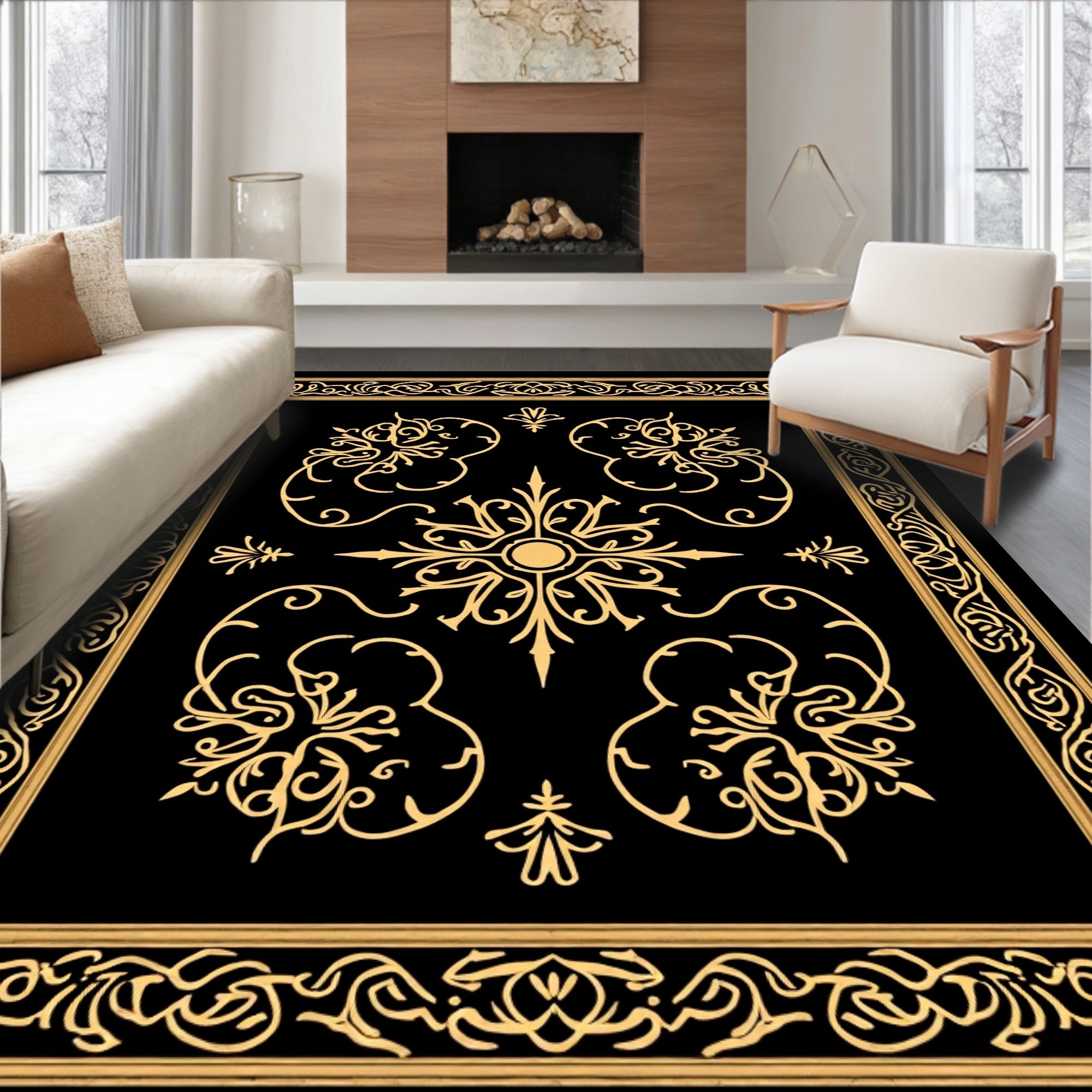 Elegant Gold Black Intricate Floral Rug