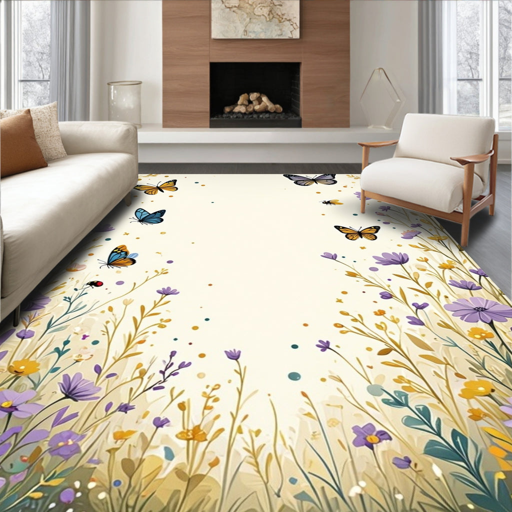 Whimsical Butterflies 2 Flowers Meadow Design Rug