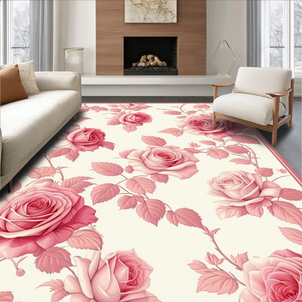 Pink Rose Floral Garden Print Rug