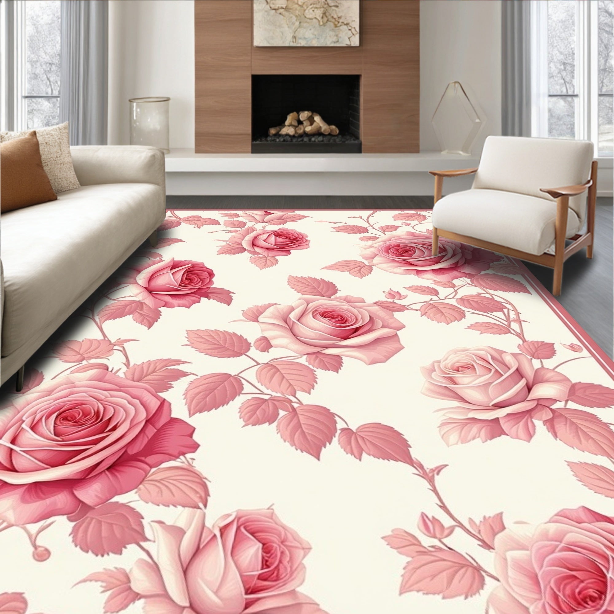 Pink Rose Floral Garden Print Rug