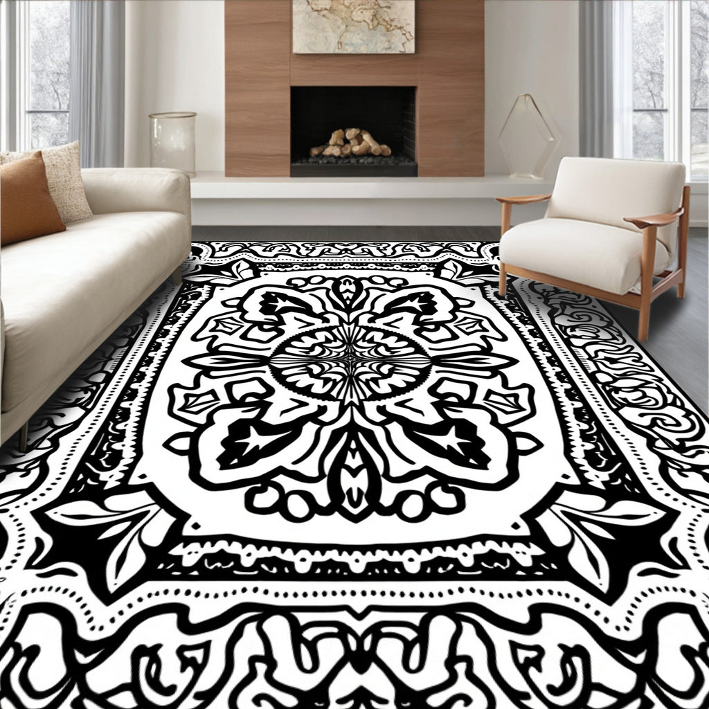 Classic Black White Intricate Mandala Design Rug