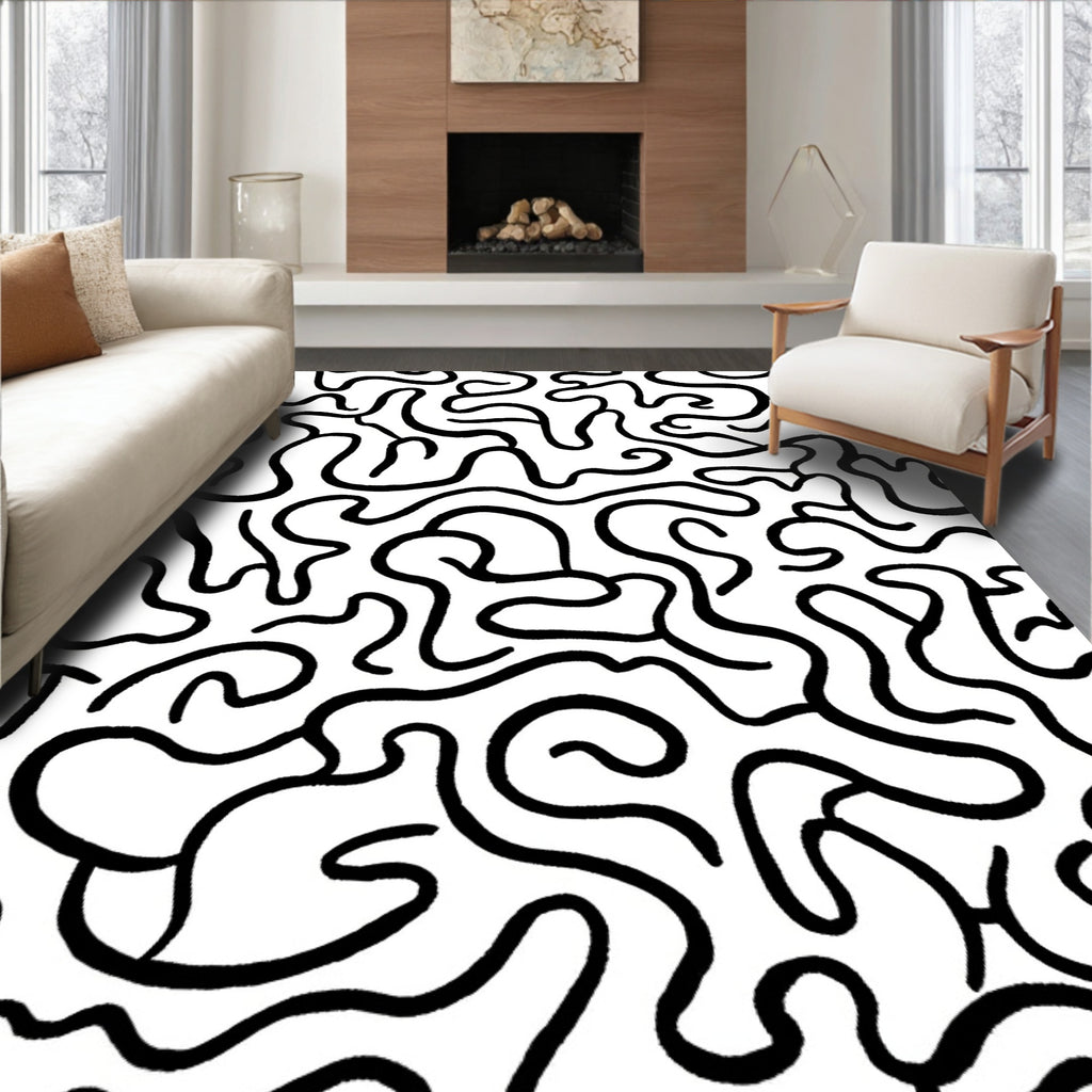Abstract Black White Wavy Lines Design Rug