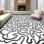 Abstract Black White Wavy Lines Design Rug