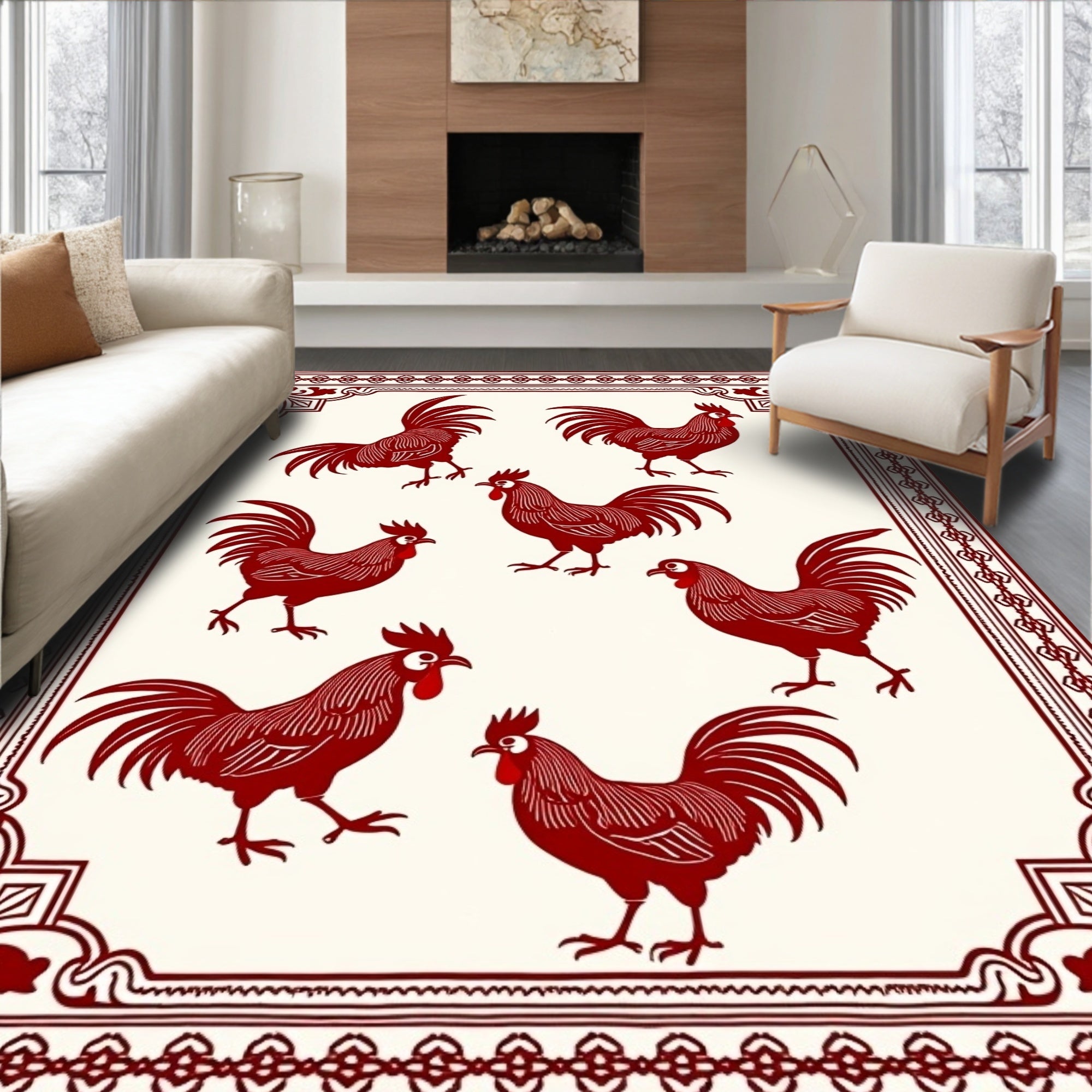 Crimson Rooster Border Art Rug