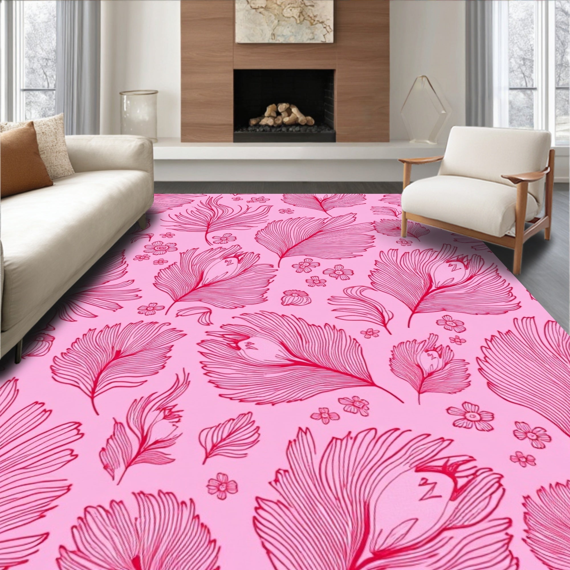 Pink Feather Floral Pattern Rug