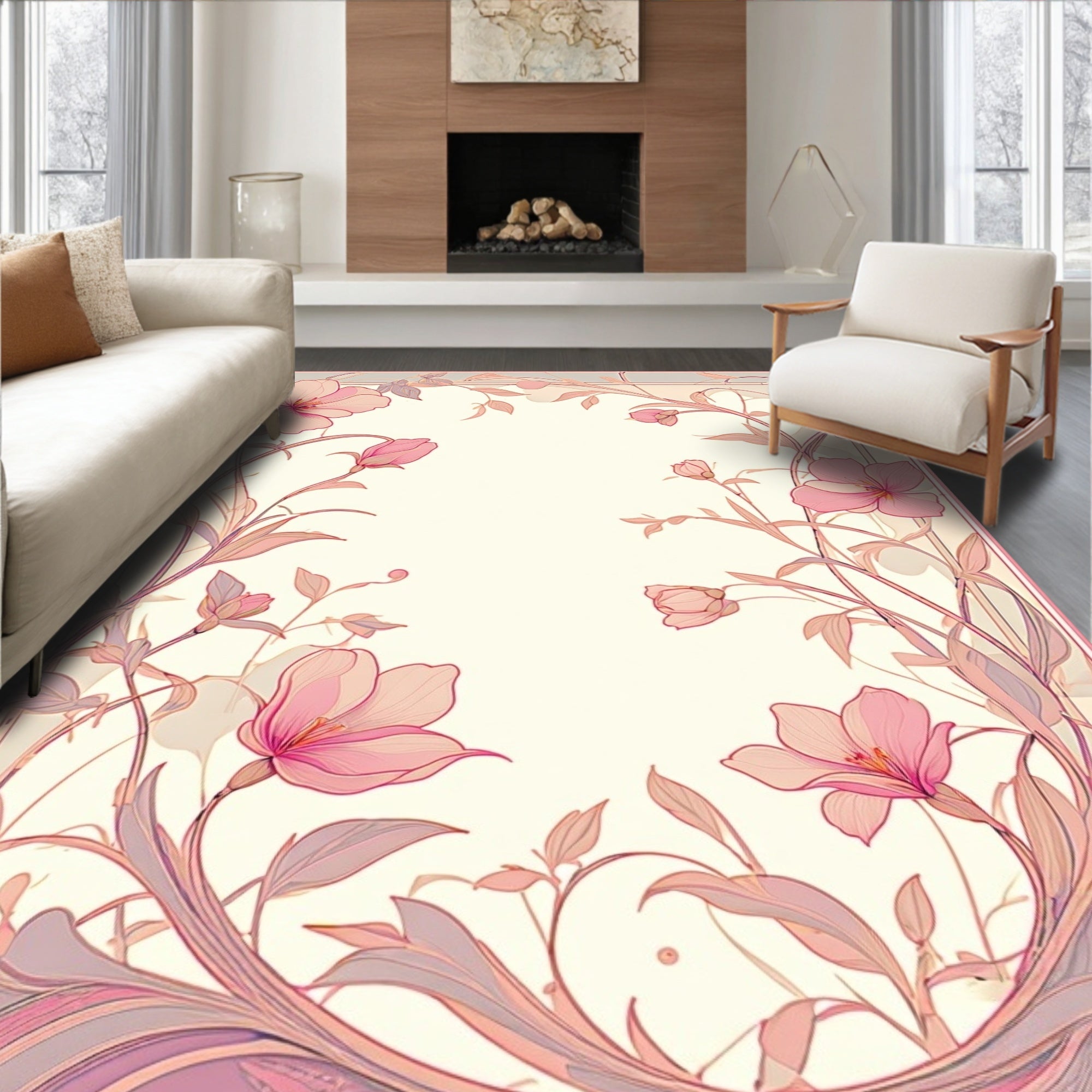 Art Nouveau Pink Floral Vines Rug