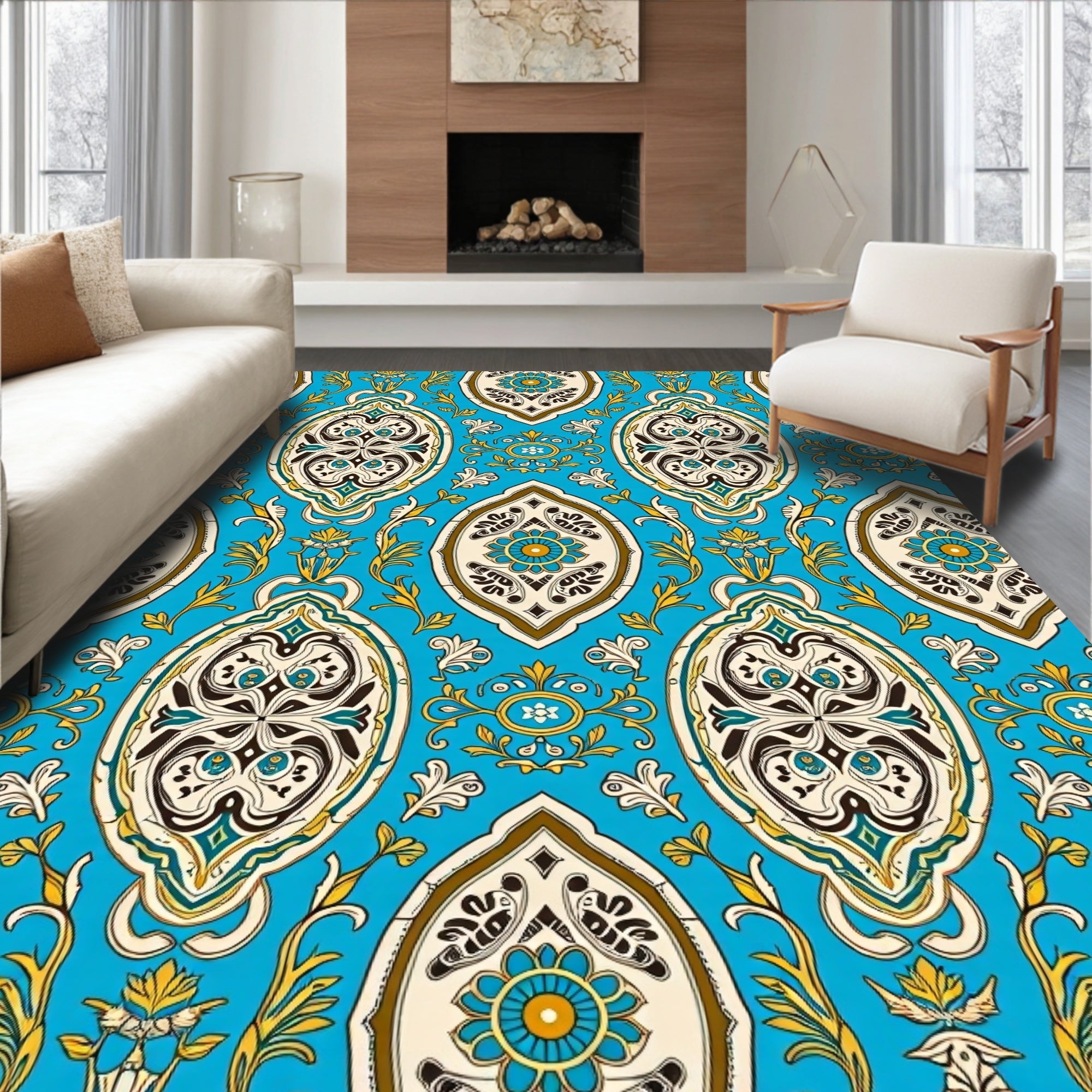 Azure Medallion Floral Ornament Rug