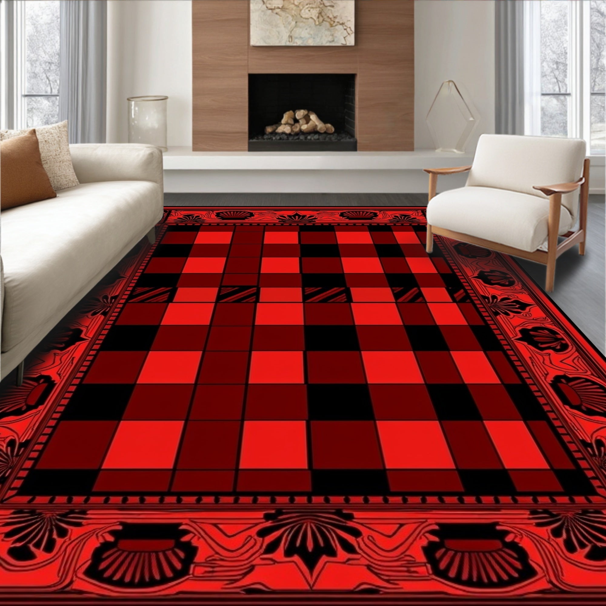 Classic Red Black Checked Border Design Rug