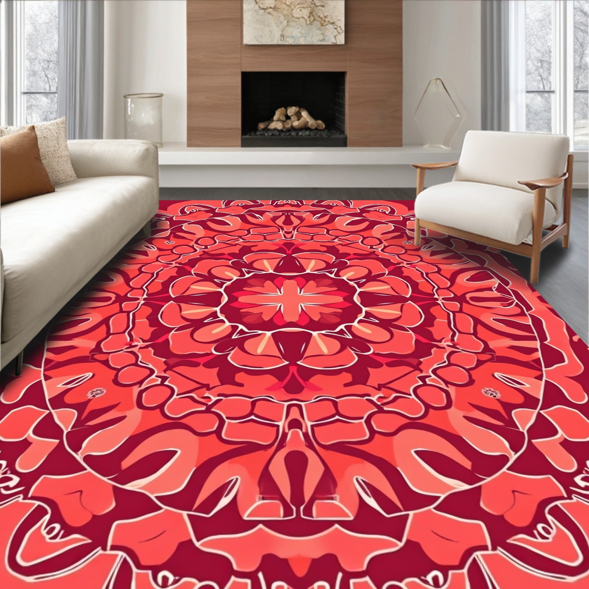 Radiant Red Mandala Pattern Rug