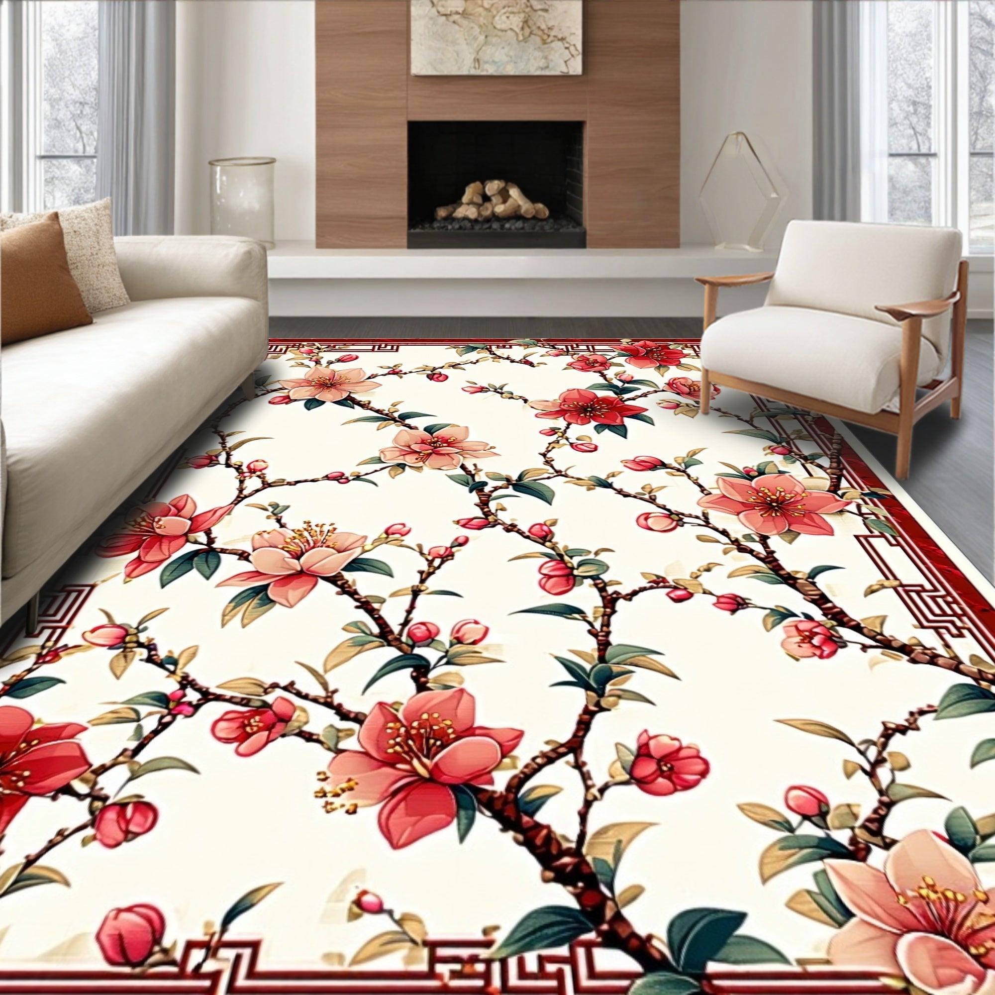Lush Cherry Blossom Branch Pattern Rug