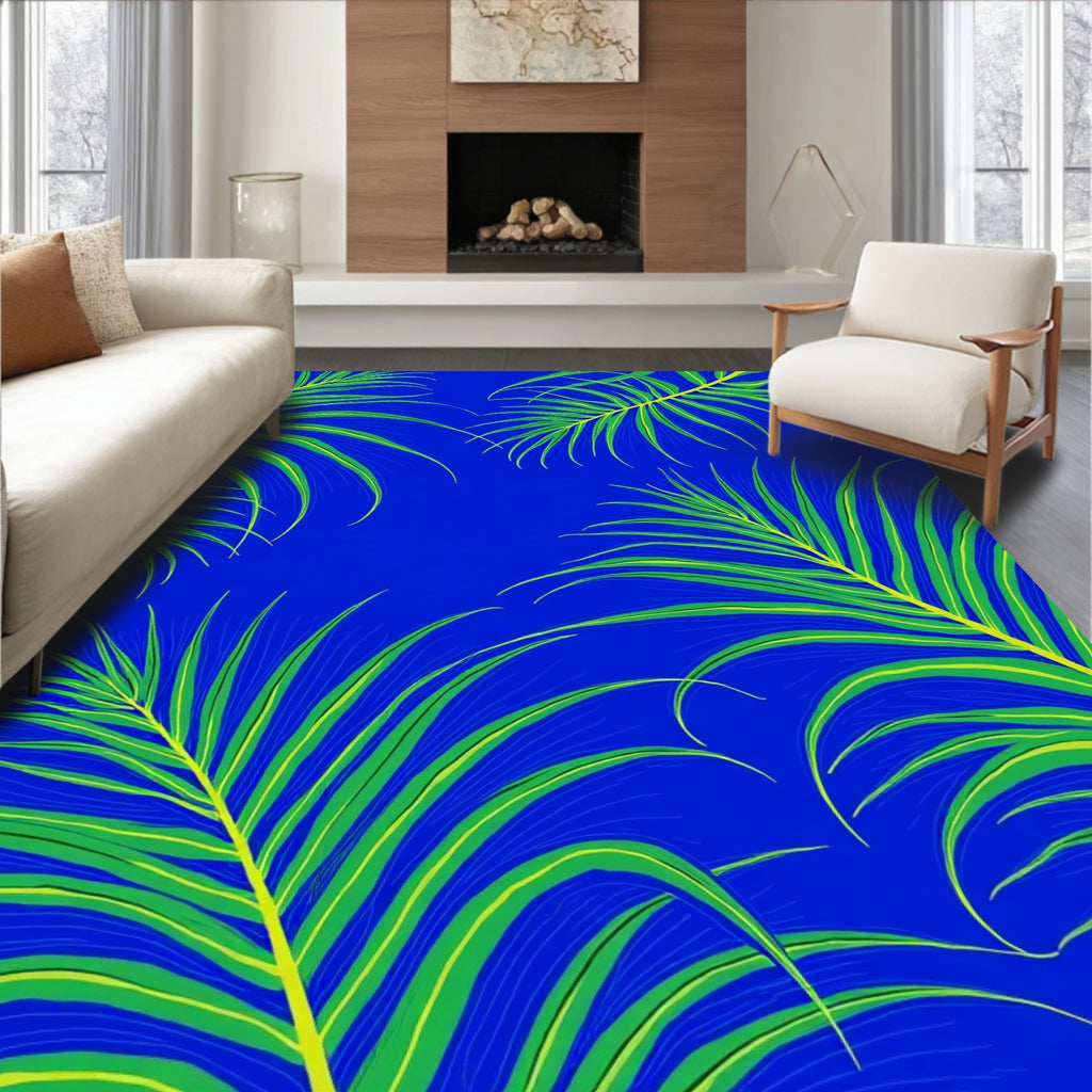 Tropical Leaf Pattern on Blue Rug