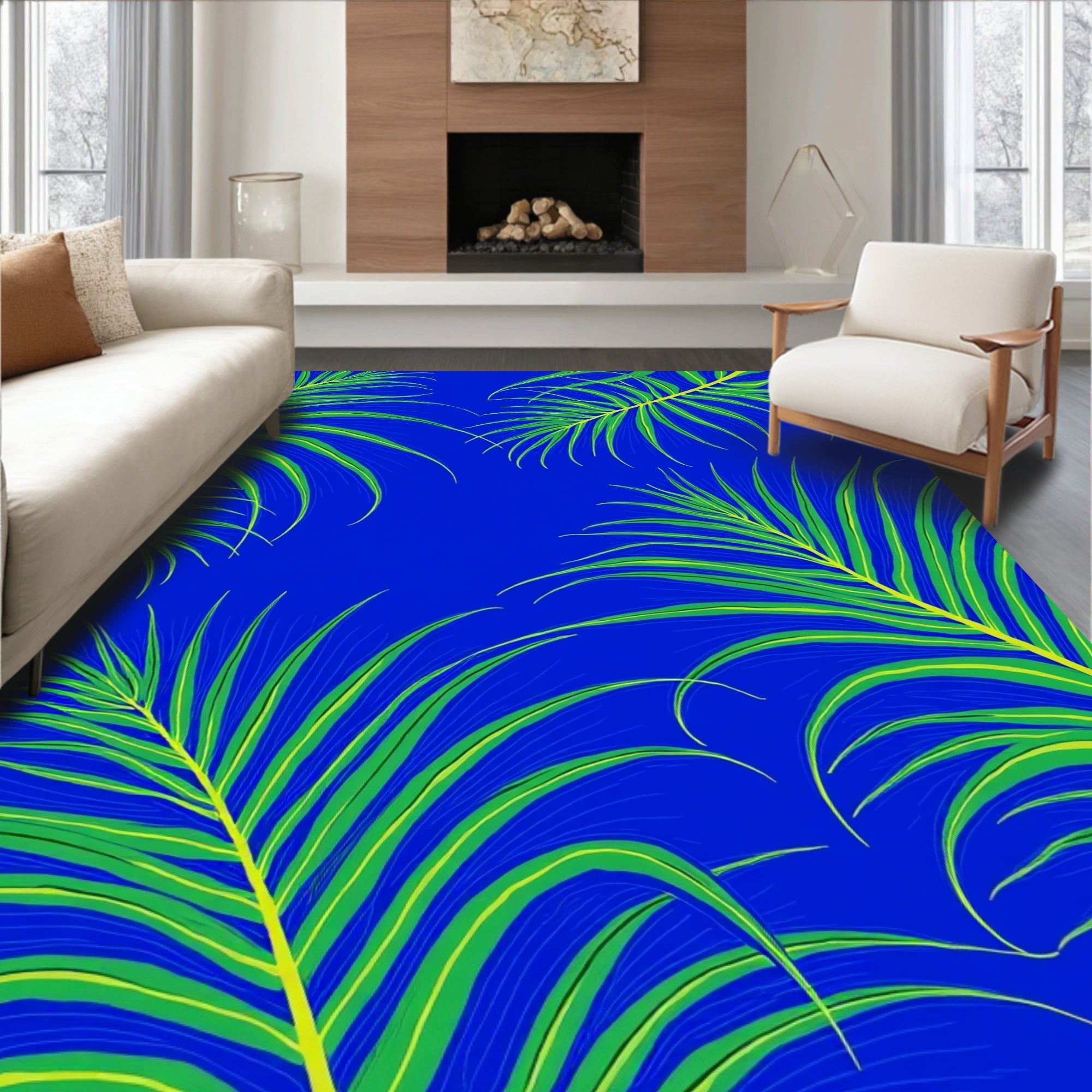 Tropical Leaf Pattern on Blue Rug